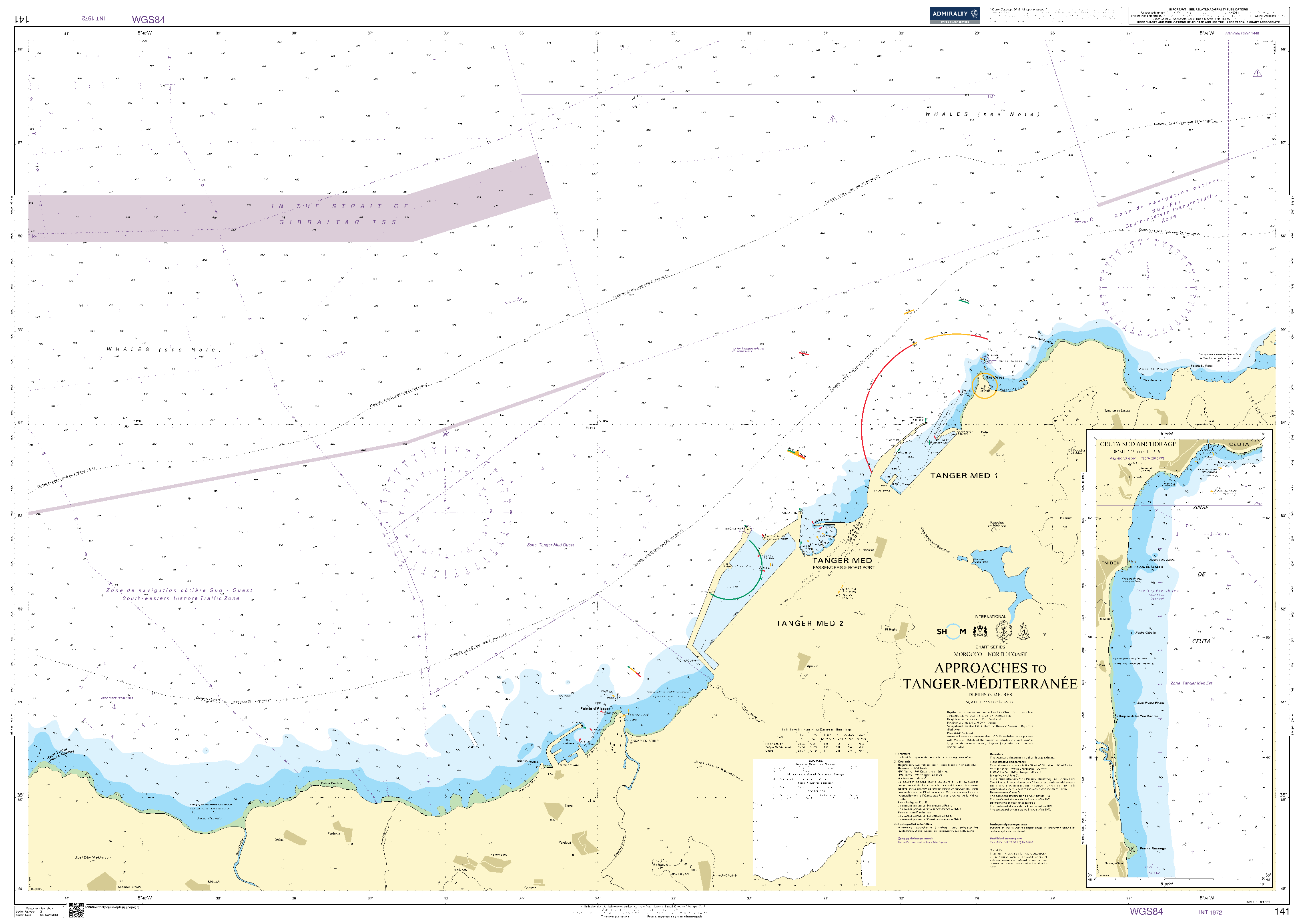 British Admiralty Nautical Chart 141: Morocco - North Coast, Approaches to Tanger-Méditerranée. Ceuta Sud Anchorage
