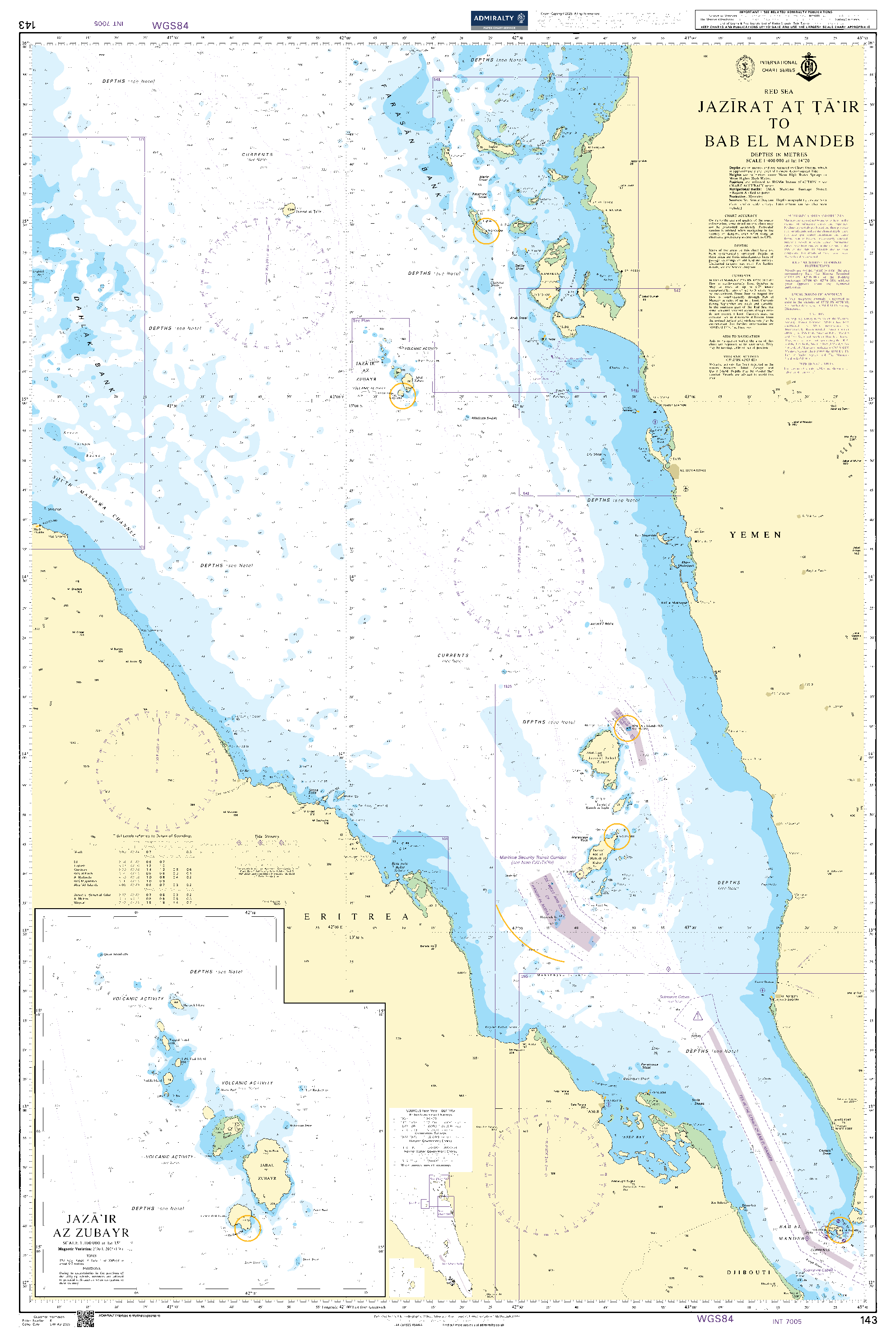 British Admiralty Nautical Chart 143: Red Sea, Jazirat at Ta'ir to Bab el Mandeb
