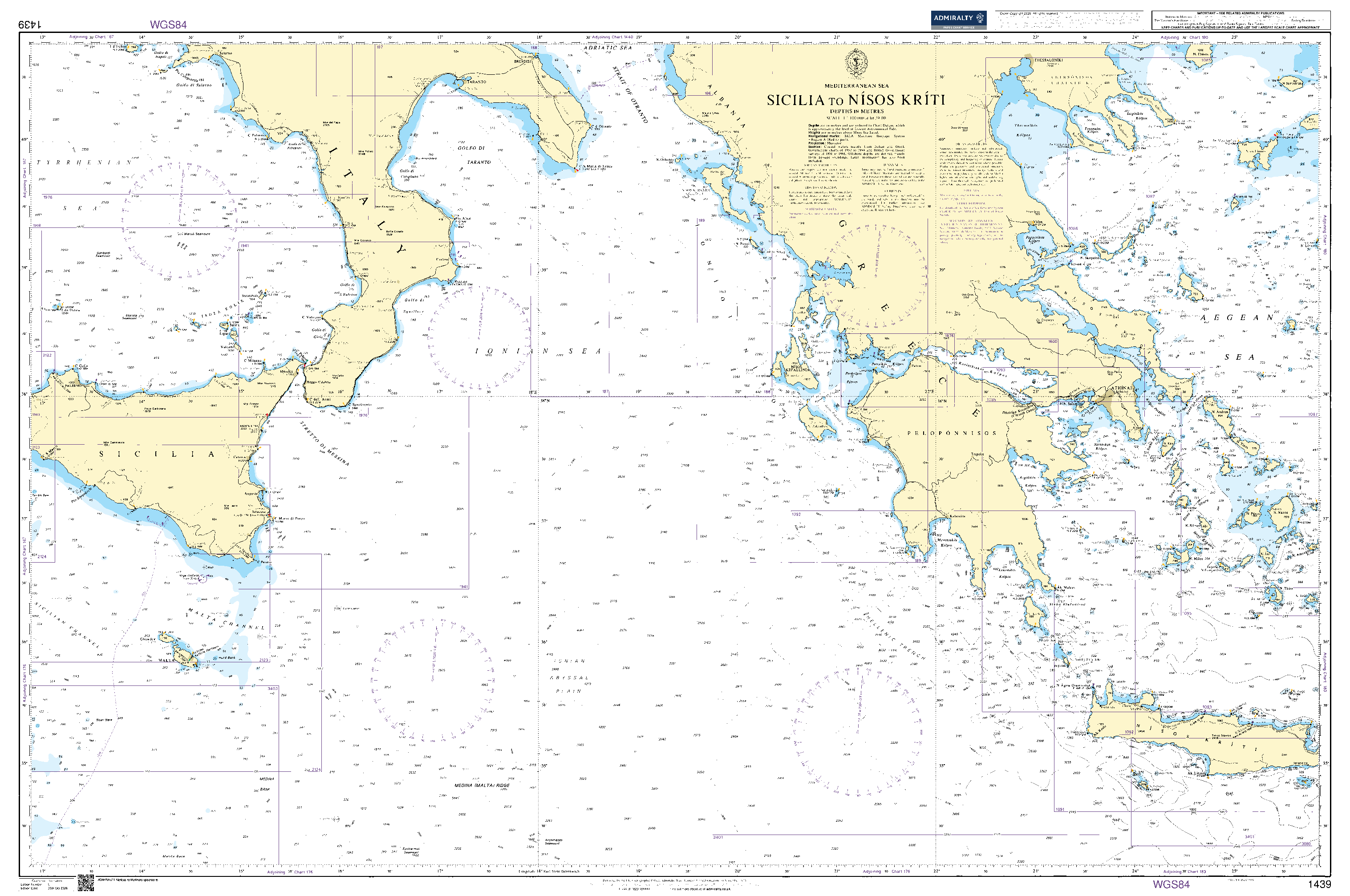 British Admiralty Nautical Chart 1439: Sicilia to Nisos Kriti