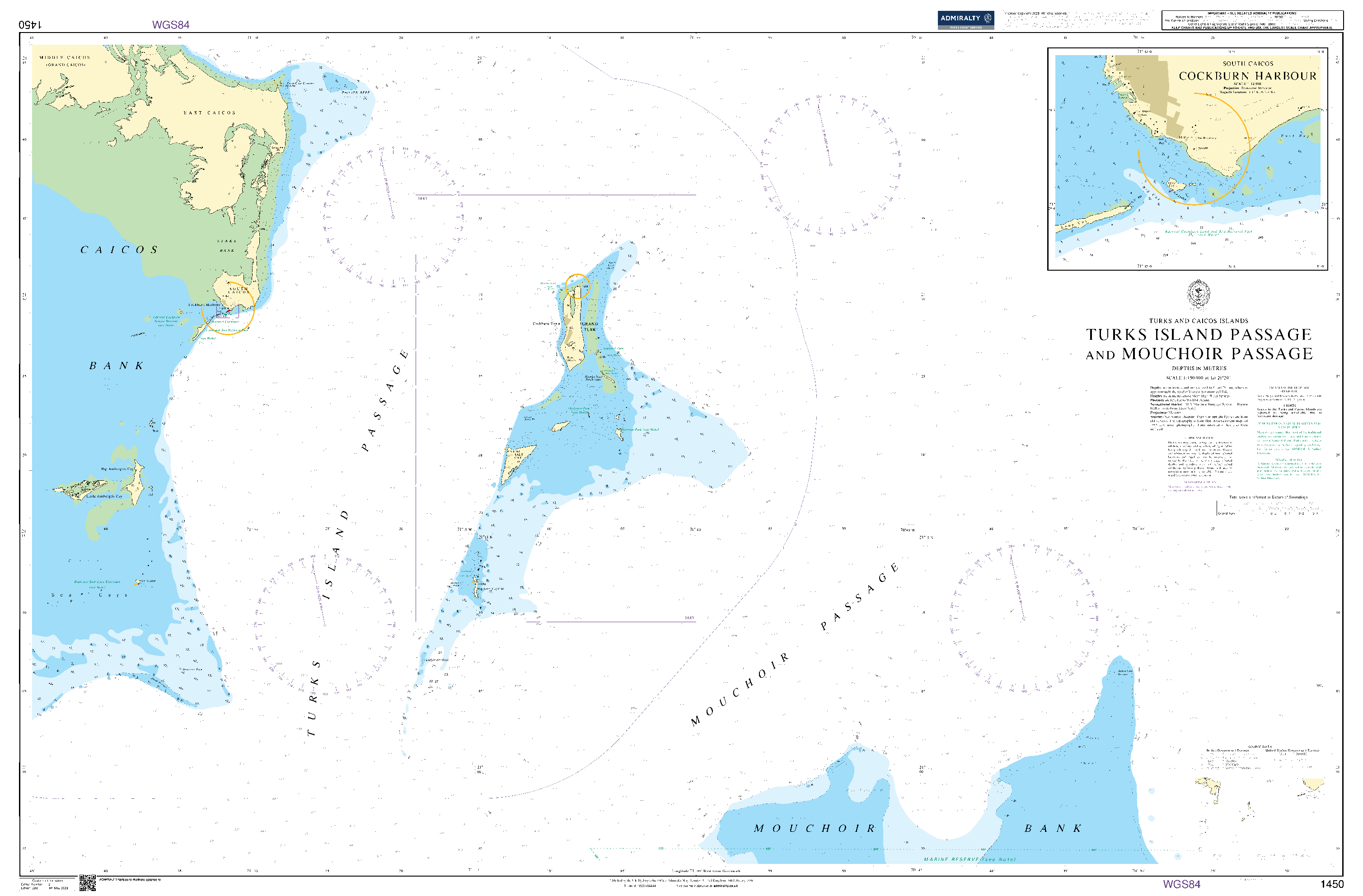 British Admiralty Nautical Chart 1450: Turks Islands Passage and Mouchoir Passage