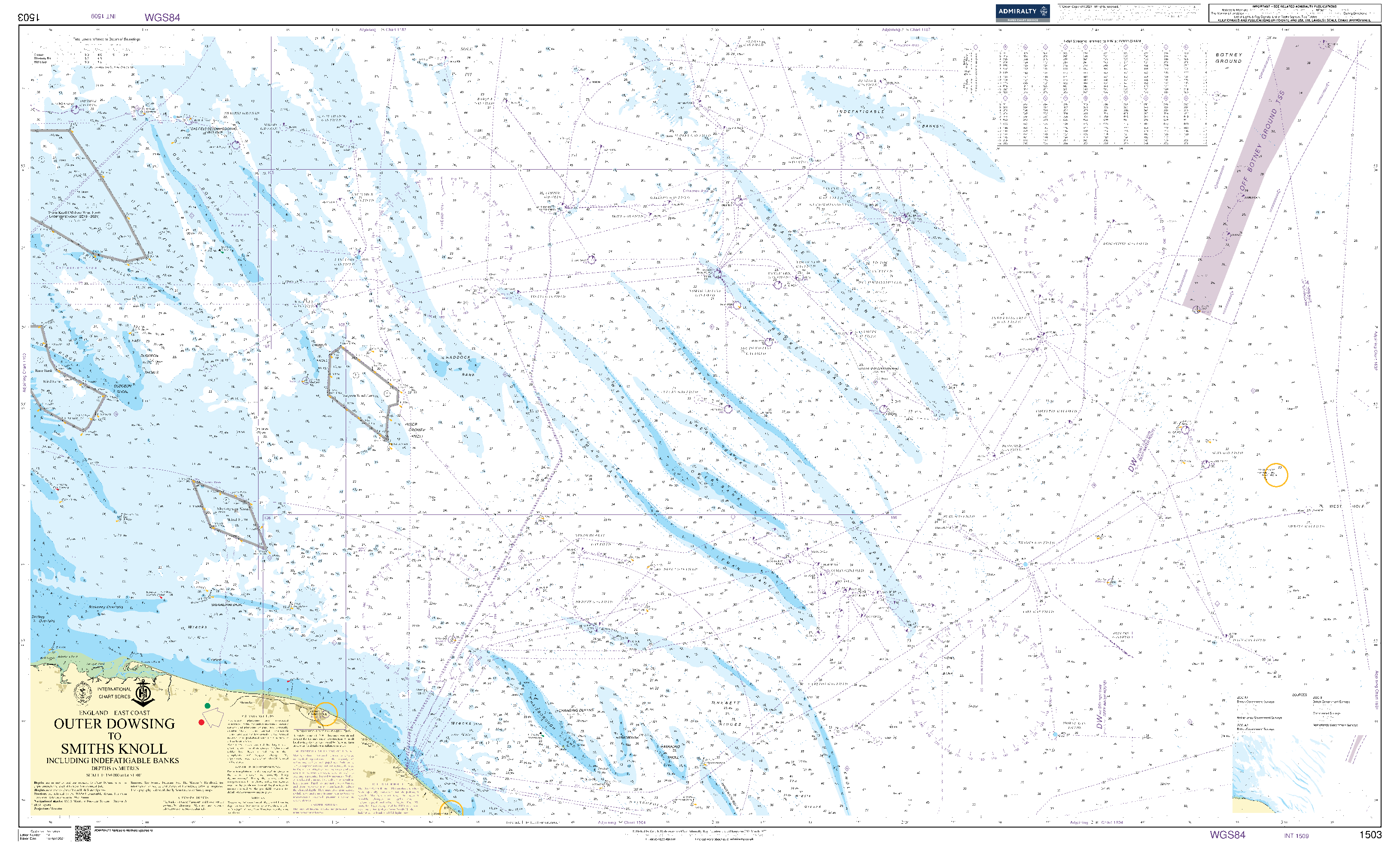 British Admiralty Nautical Chart 1503: England – East Coast, Outer Dowsing to Smiths Knoll including Indefatigable Banks
