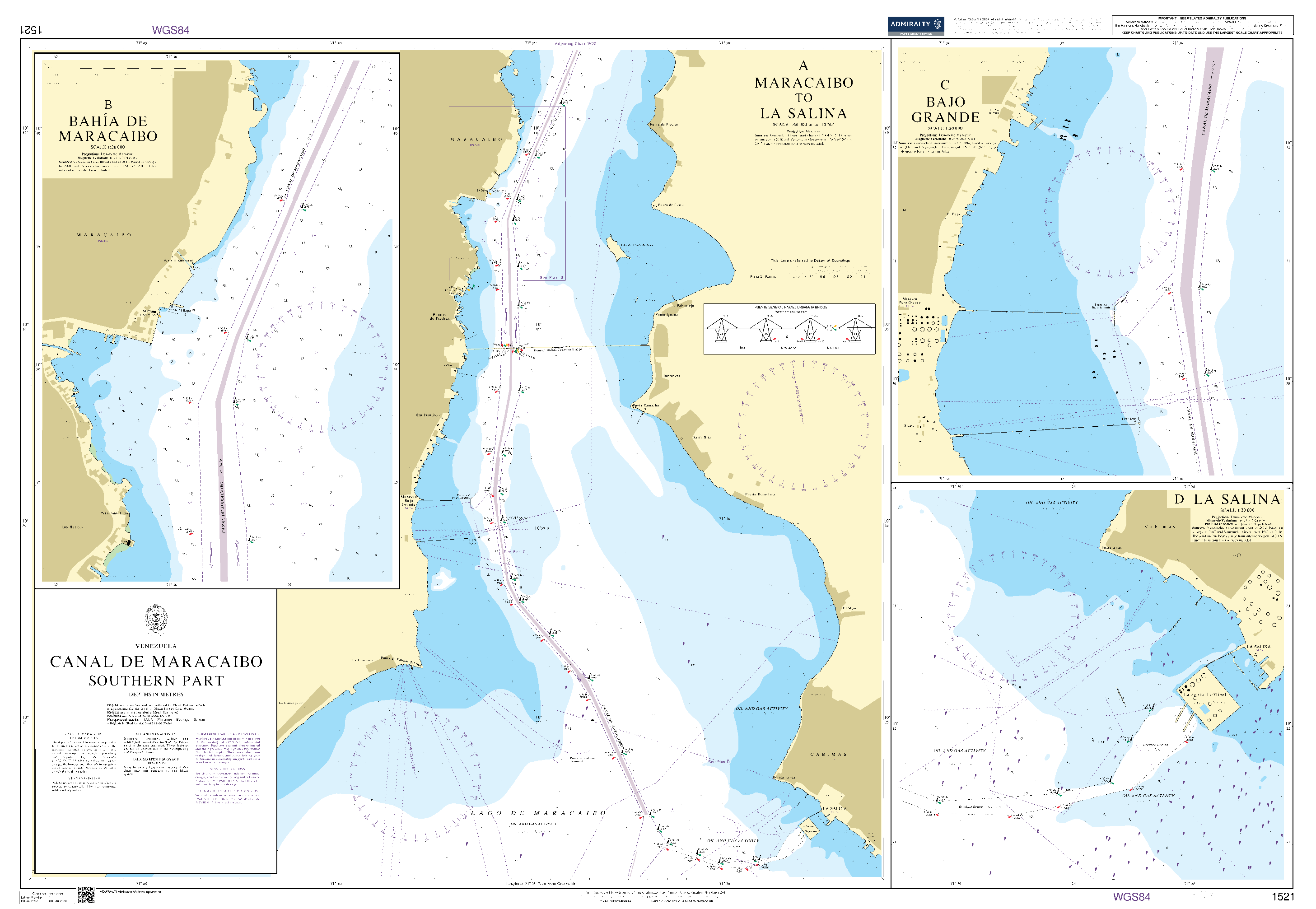 British Admiralty Nautical Chart  1521: Venezuela, Canal de Maracaibo, Southern Part
