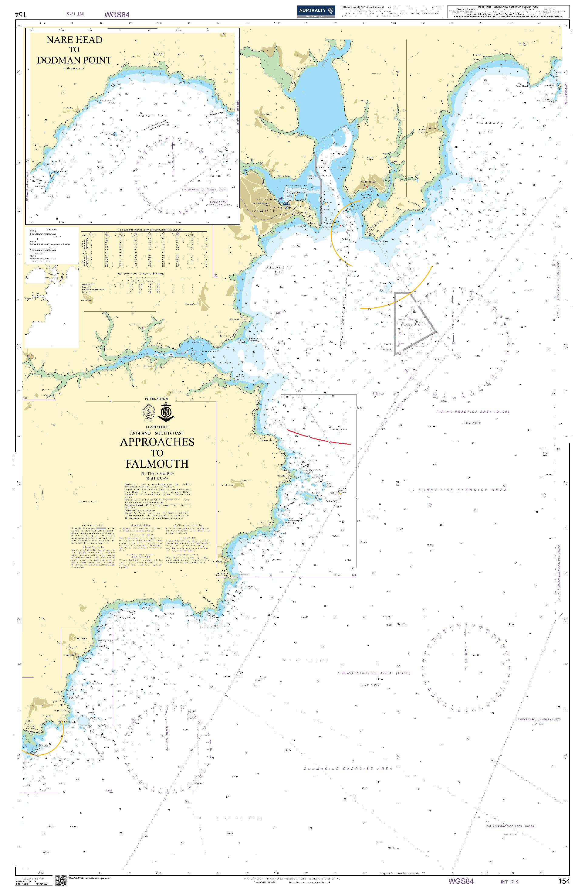 British Admiralty Nautical Chart  154: Approaches to Falmouth, England – South Coast