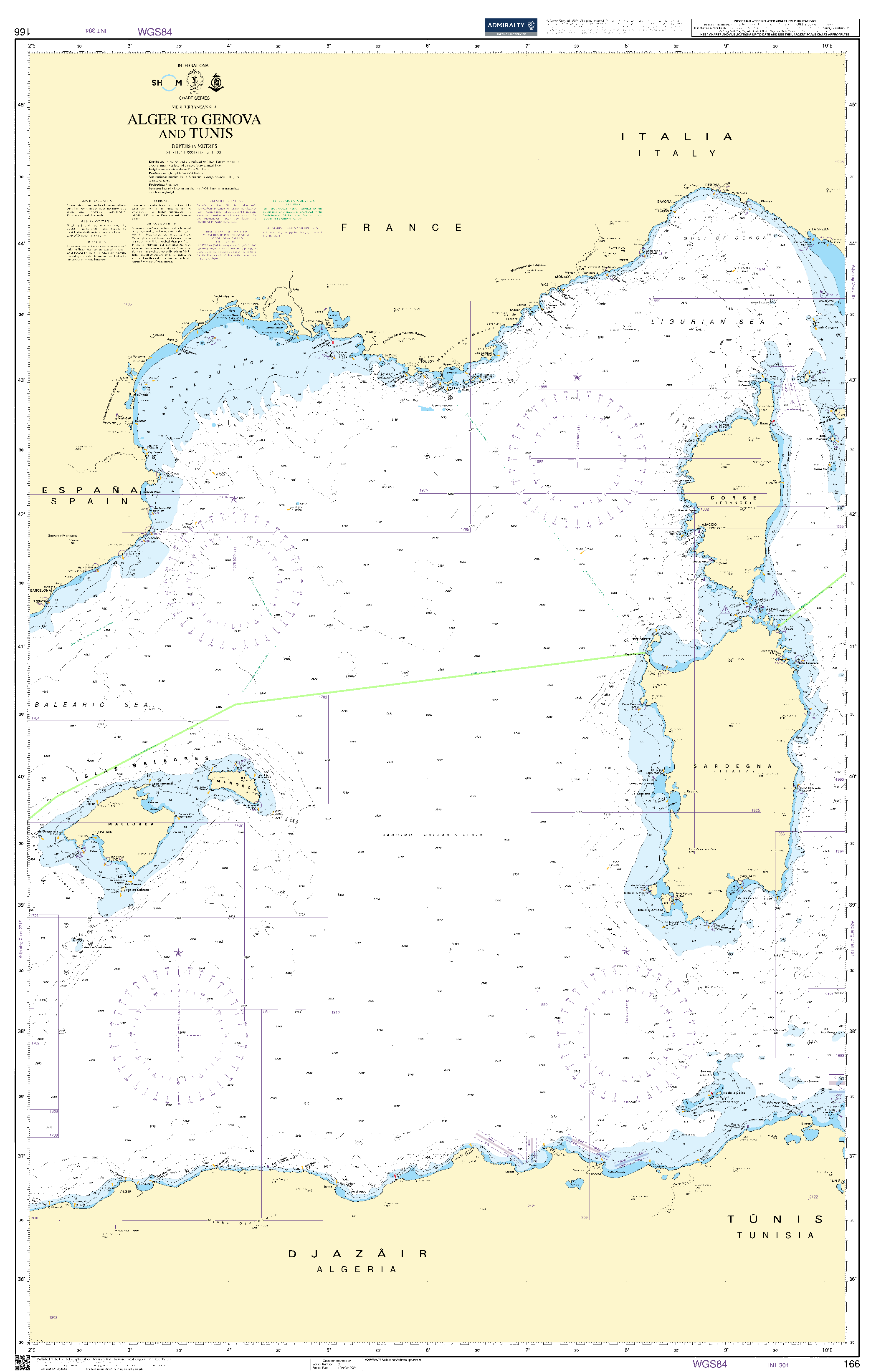 British Admiralty Nautical Chart 166: Mediterranean Sea, Alger to Genova and Tunis