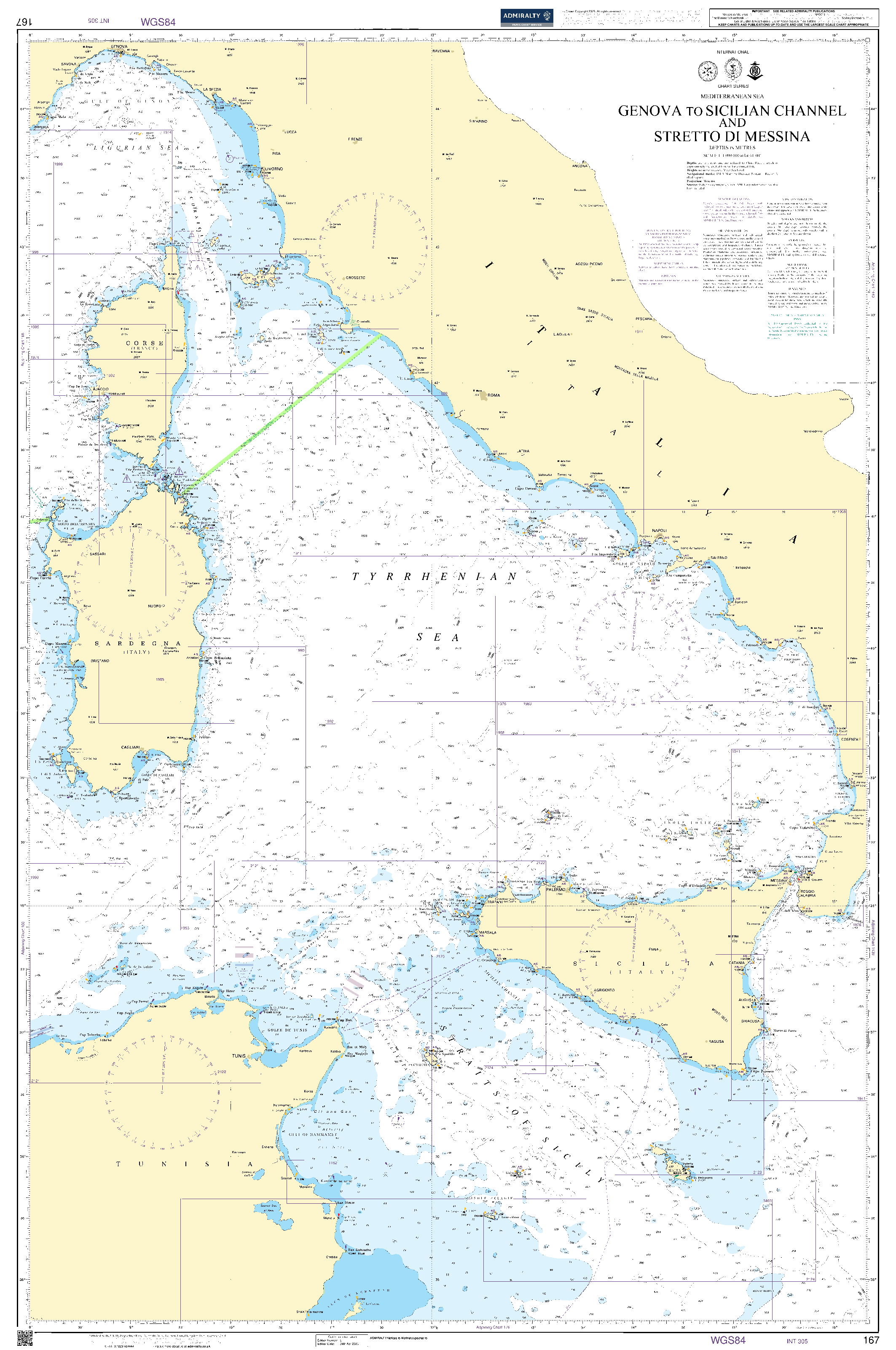 British Admiralty Nautical Chart 167: Mediterranean Sea, Genova to Sicilian Channel and Stretto di Messina