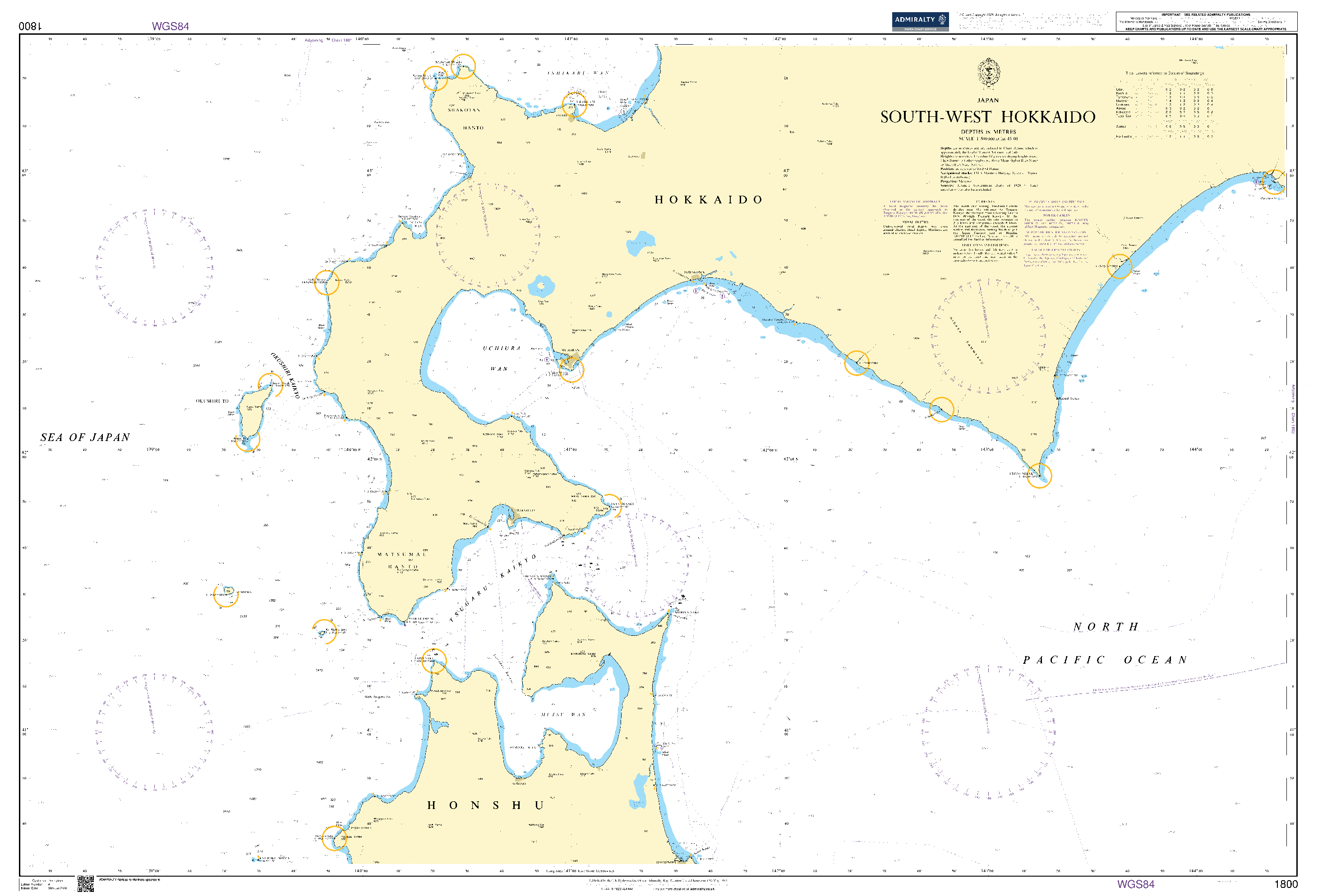 British Admiralty Nautical Chart 1800: South-West Hokkaido