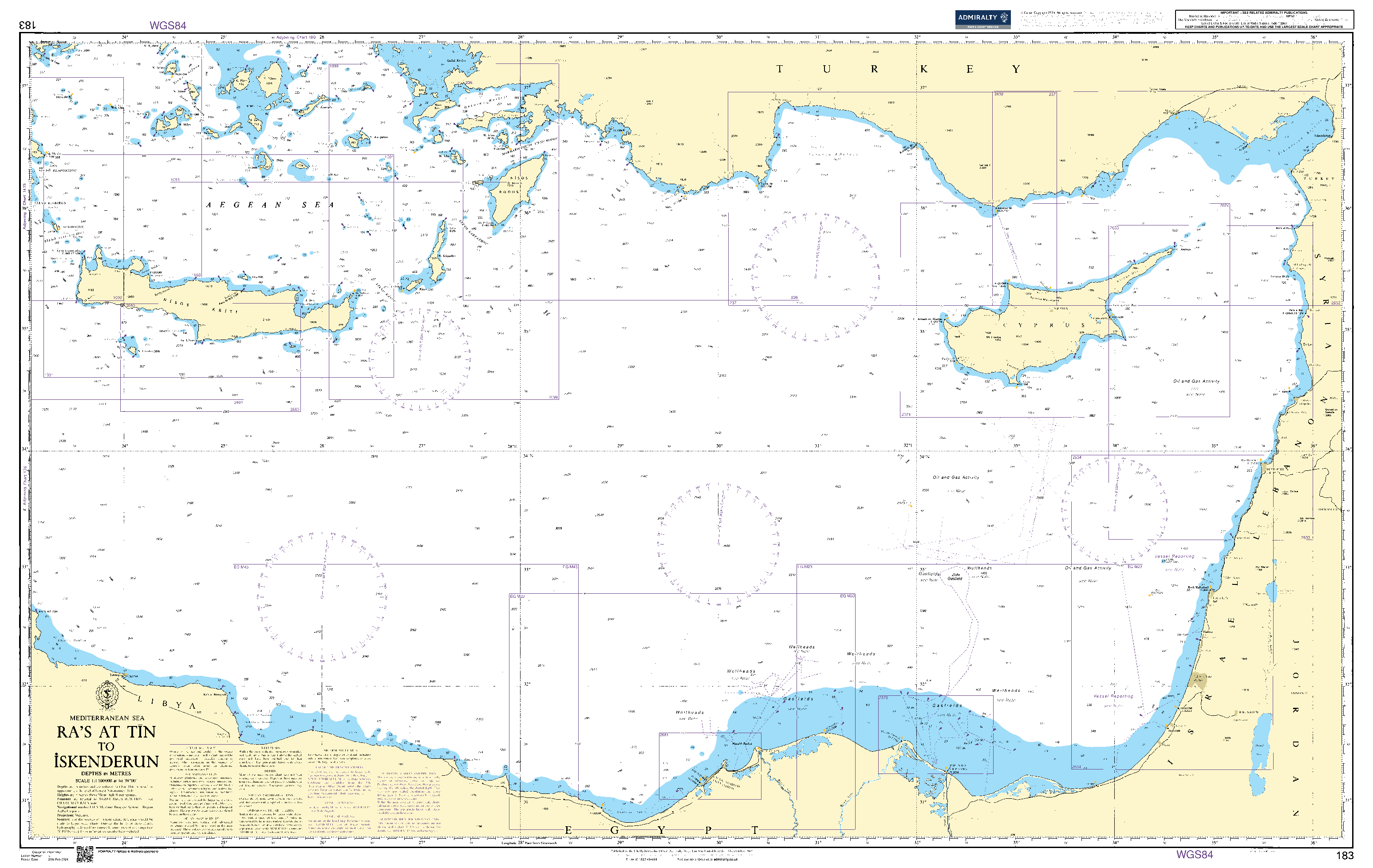 British Admiralty Nautical Chart 183: Mediterranean Sea, Ra's at Tin to Iskenderun