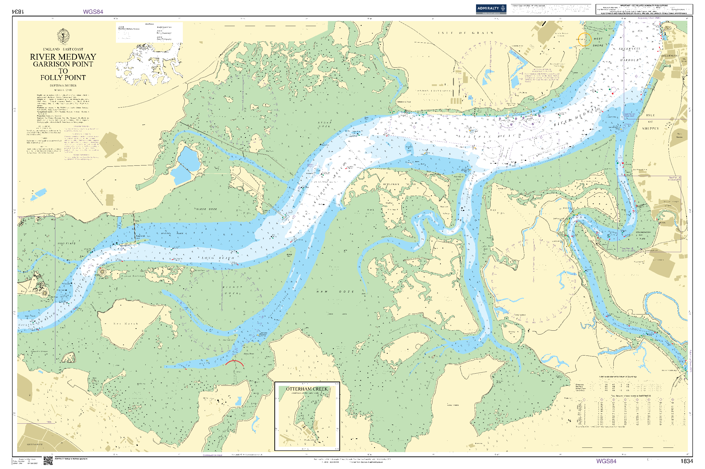 British Admiralty Nautical Chart 1834: England - East Coast, River Medway, Garrison Point to Folly Point. Otterham Creek