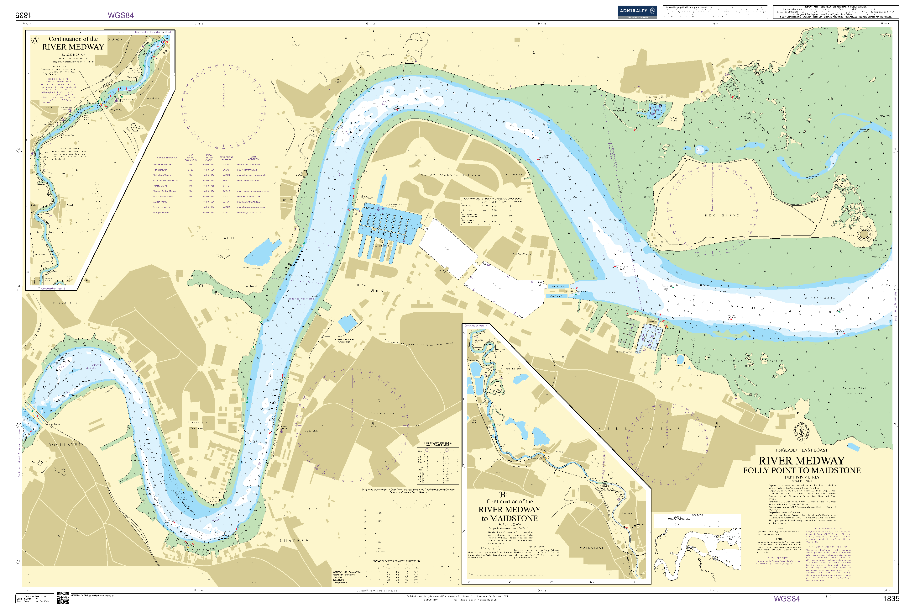 British Admiralty Nautical Chart 1835: England – East Coast, River Medway, Folly Point to Maidstone