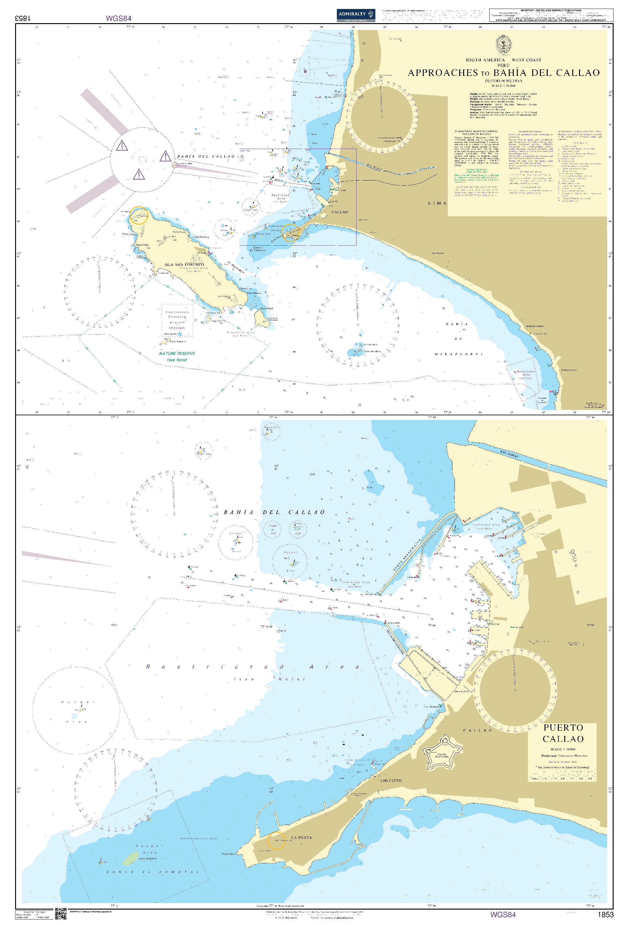 British Admiralty Nautical Chart 1853: South America - West Coast, Peru, Approaches to Bahía del Callao. Puerto Callao