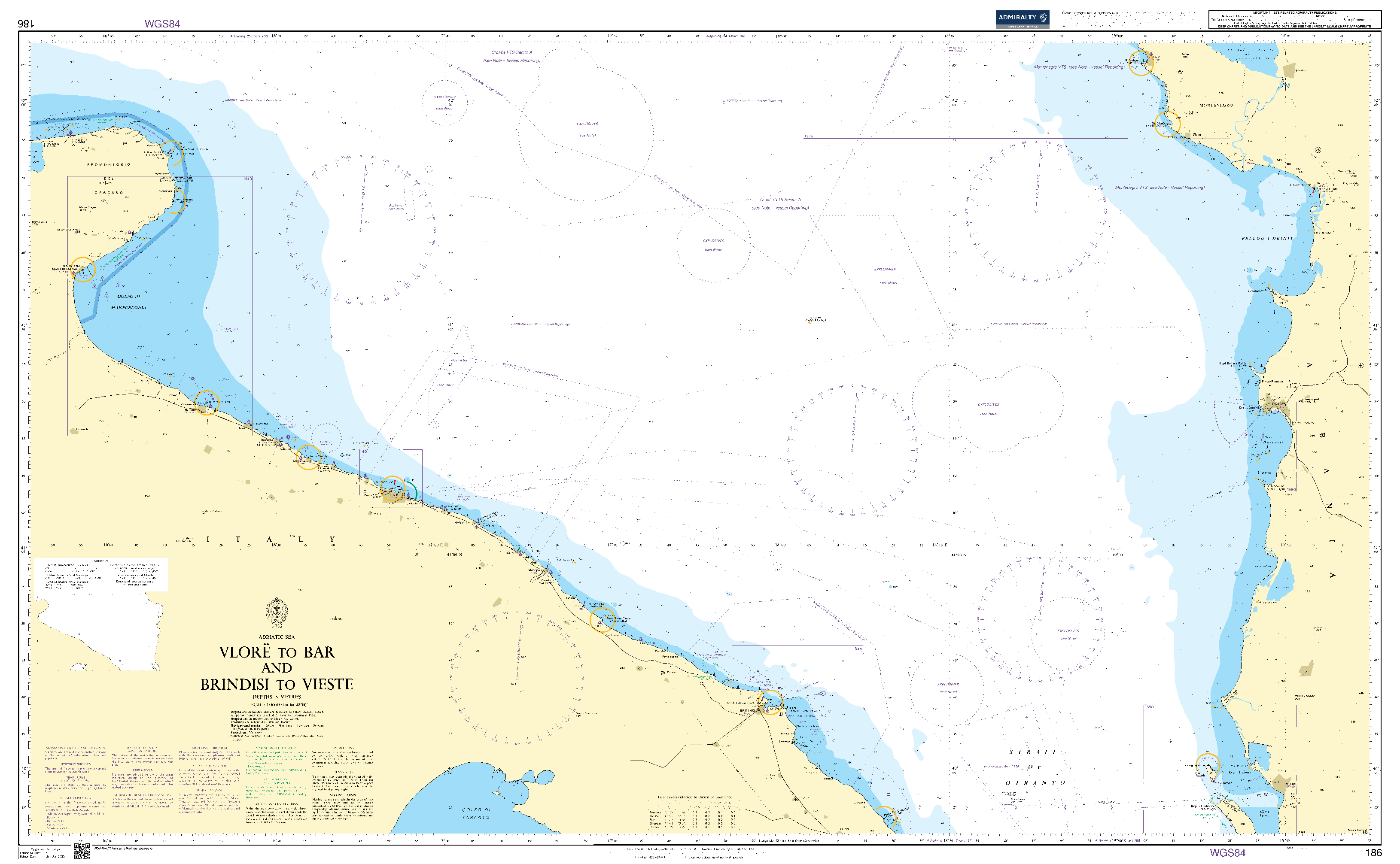 British Admiralty Nautical Chart 186: Adriatic Sea, Vlorë to Bar and Brindisi to Vieste