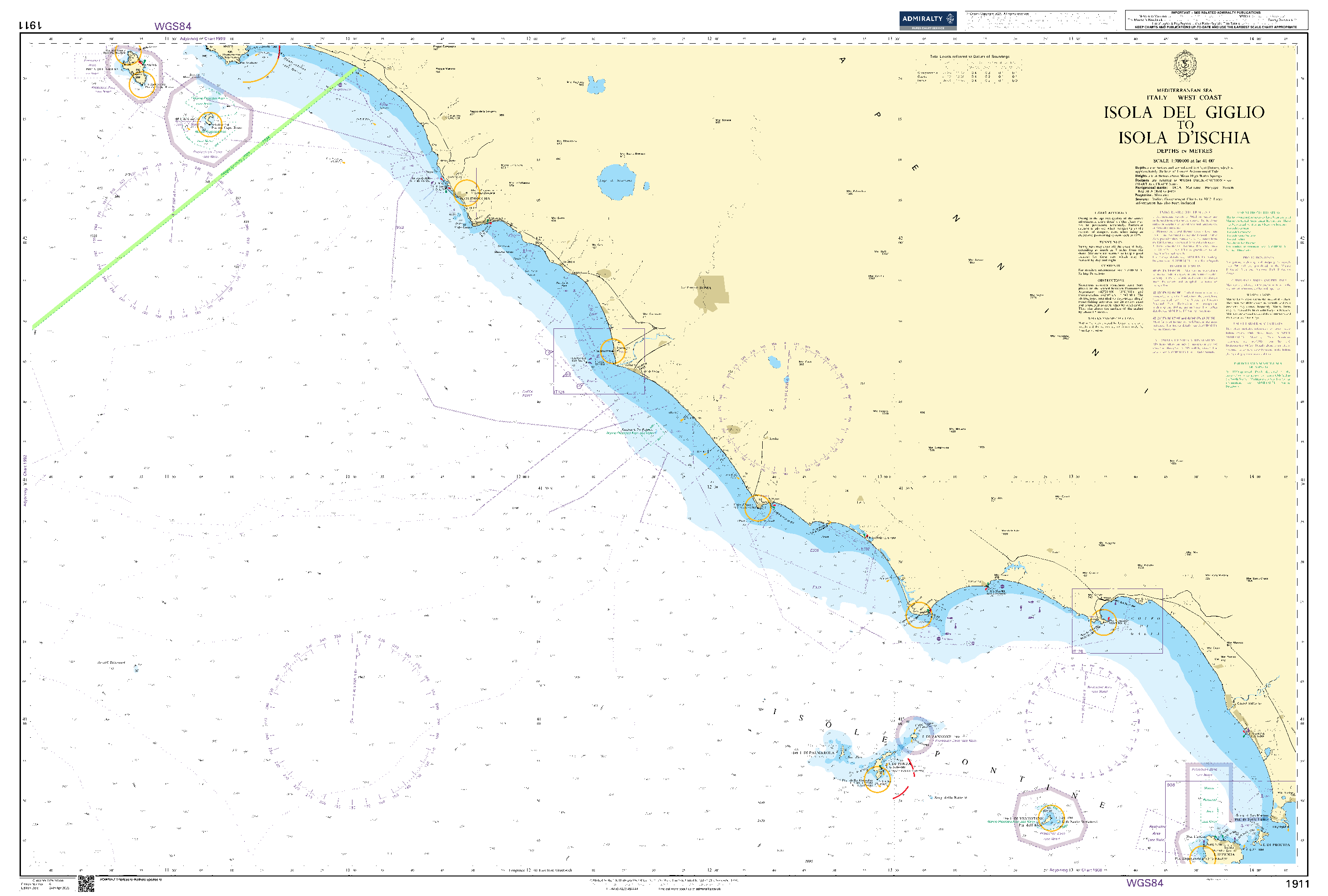 British Admiralty Nautical Chart 1911: Mediterranean Sea, Italy - West Coast, Isola del Giglio to Isola d'Ischia.