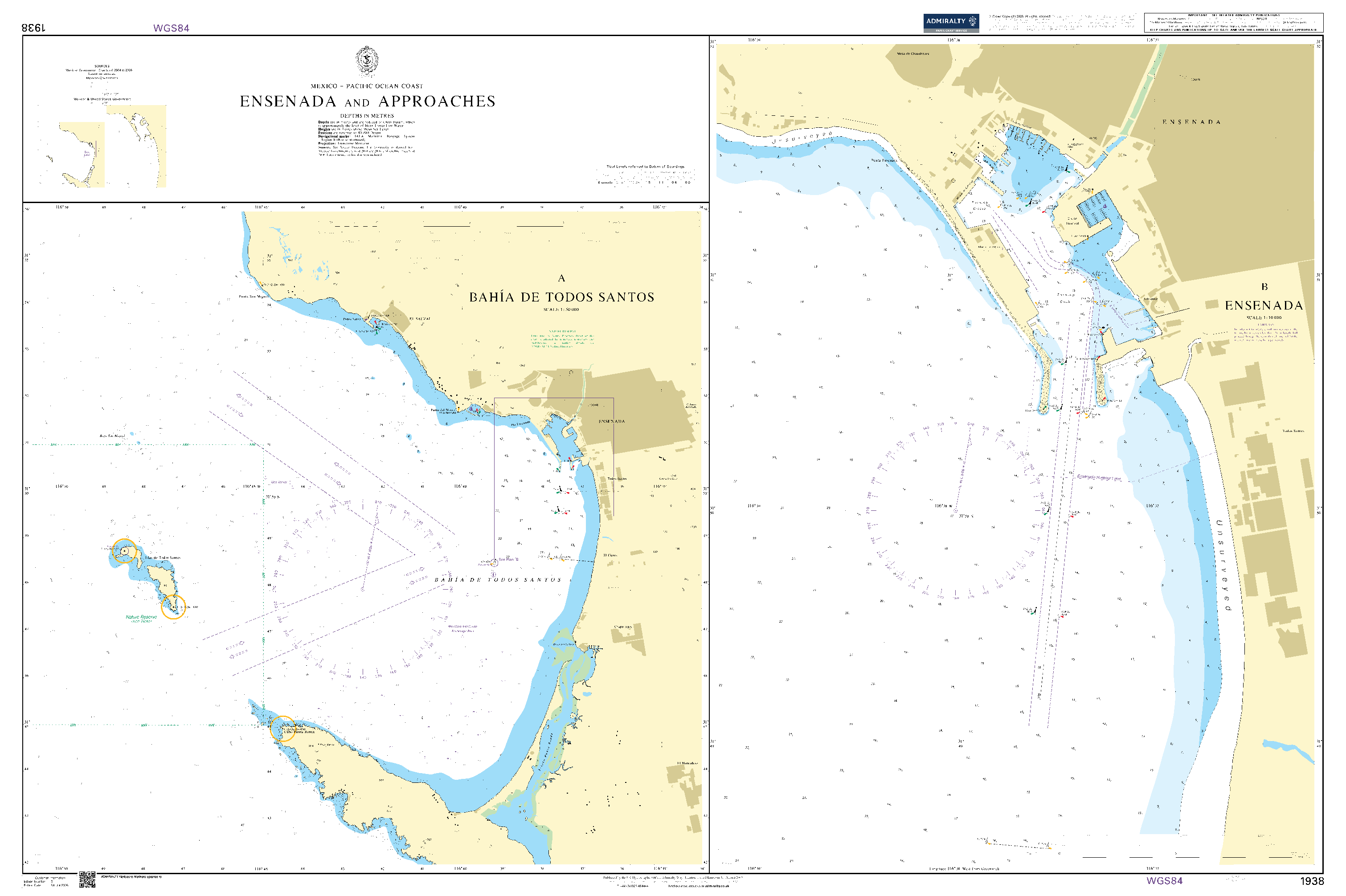 British Admiralty Nautical Chart 1938: Ensenada and Approaches A Bahia de Todos Santos