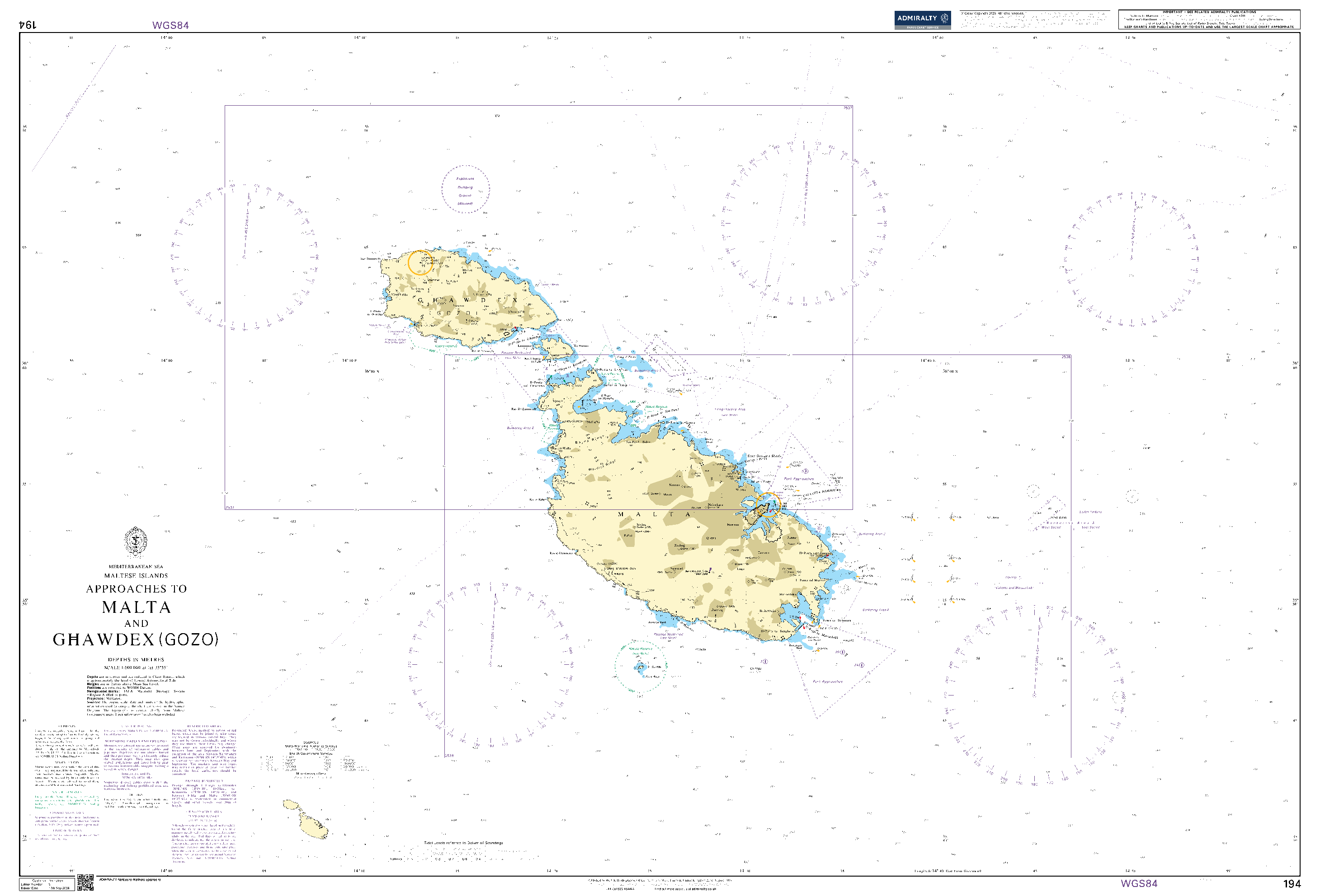 British Admiralty Nautical Chart 194: Approaches to Malta and Ghawdex (Gozo)