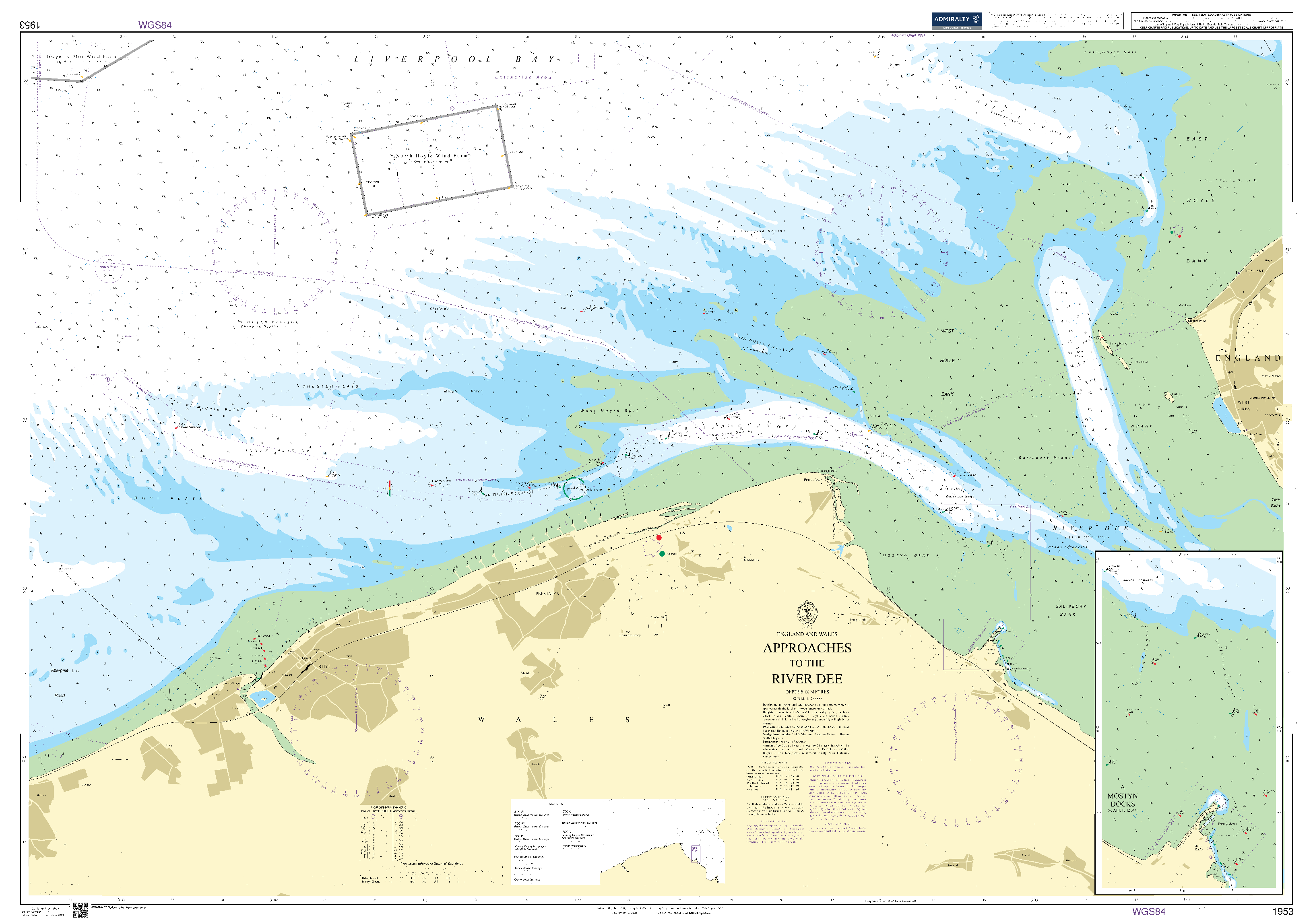 British Admiralty Nautical Chart 1953: Approaches to the River Dee