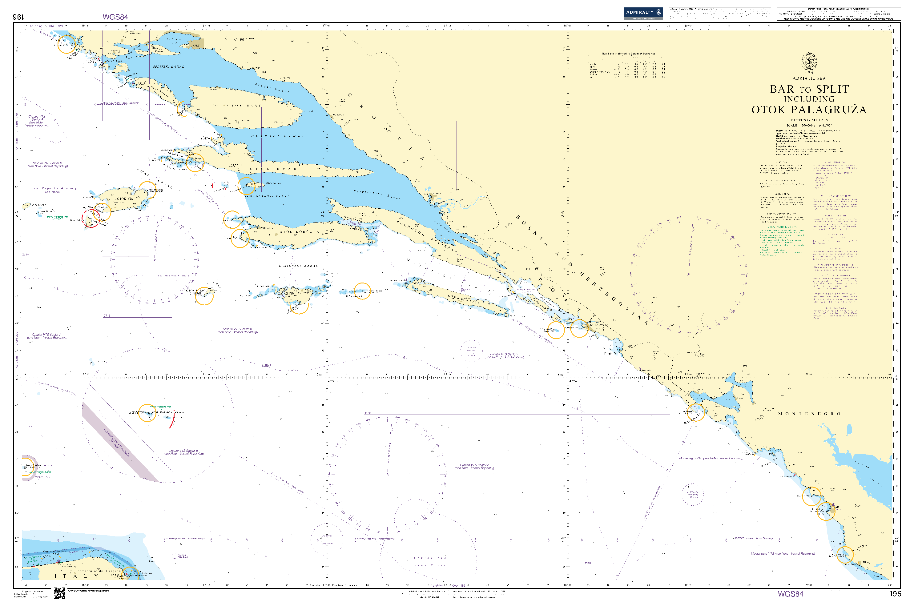 British Admiralty Nautical Chart 196: Adriatic Sea, Bar to Split including Otok Palagruža