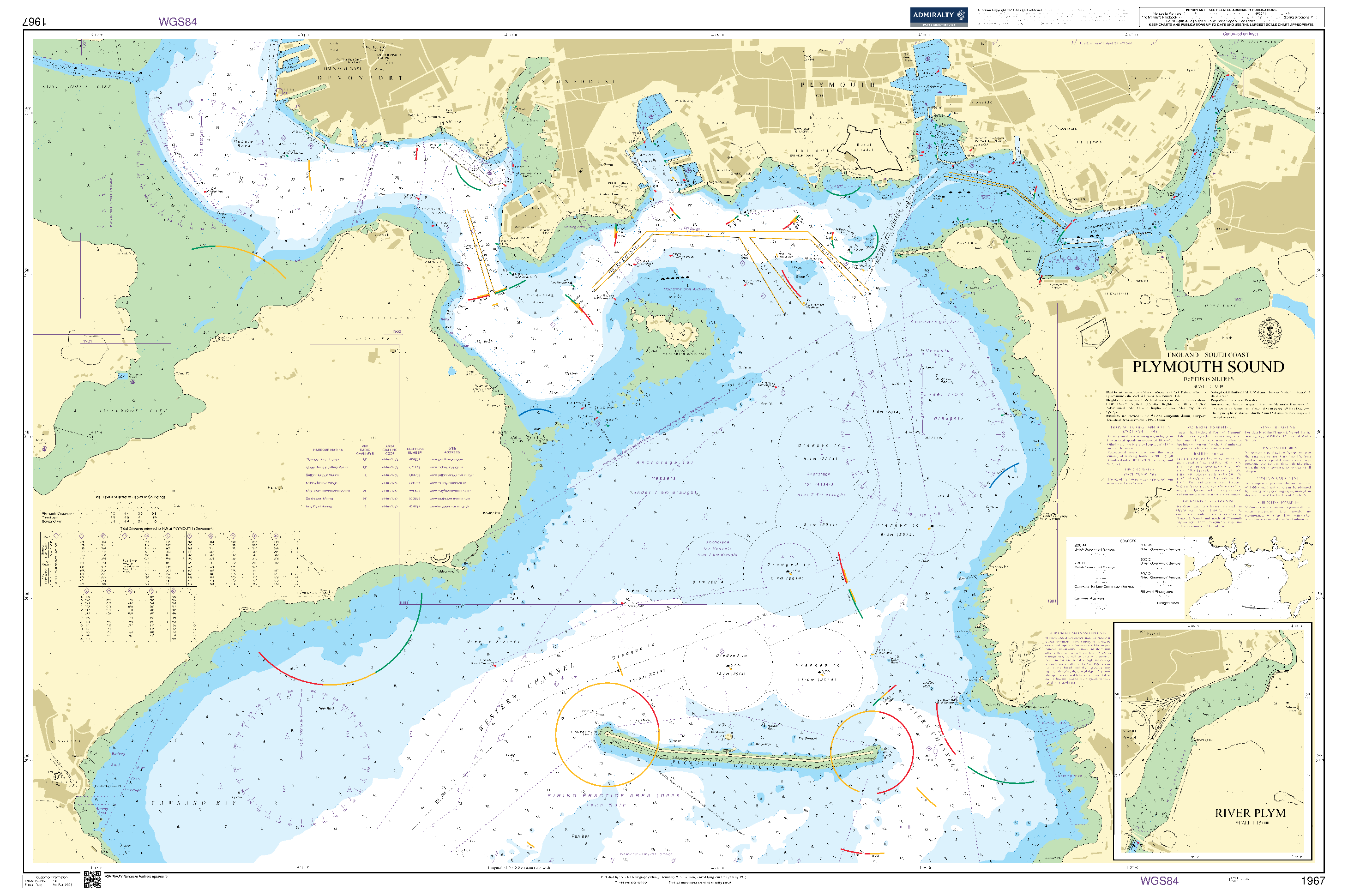 British Admiralty Nautical Chart 1967: England – South Coast, Plymouth Sound. River Plym