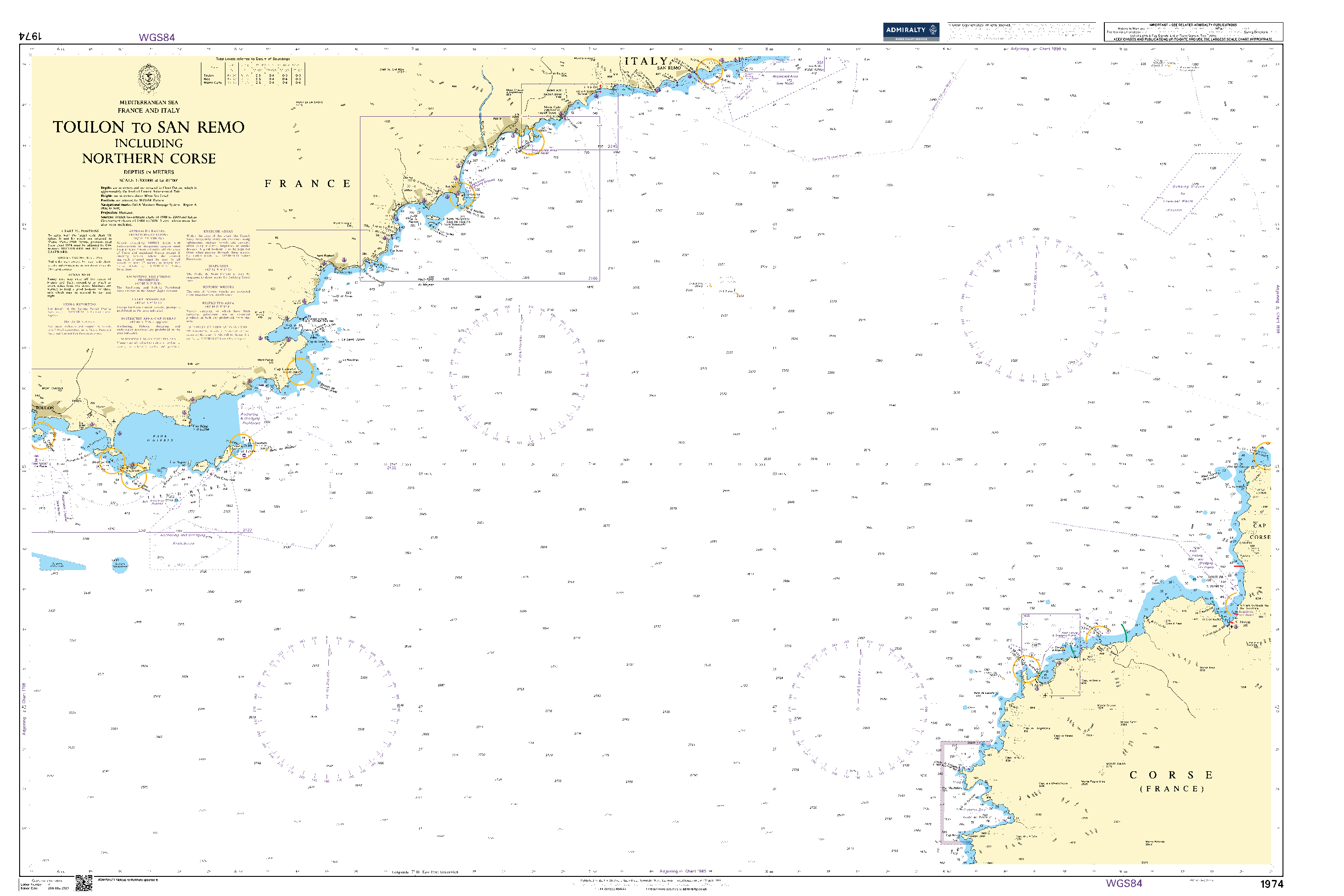 British Admiralty Nautical Chart 1974: Mediterranean Sea, France and Italy, Toulon to San Remo including Northern Corse