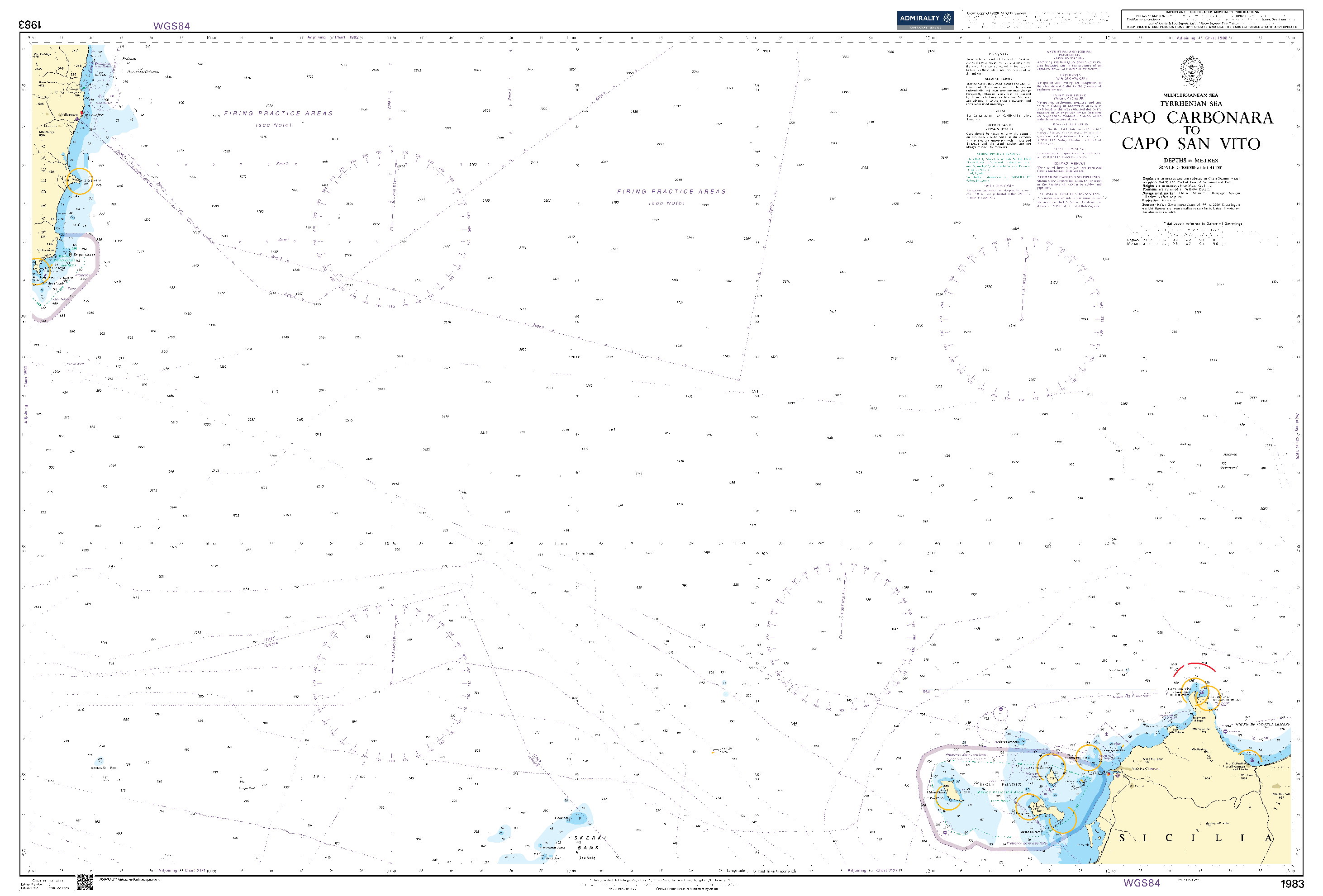 British Admiralty Nautical Chart 1983: Mediterranean Sea, Tyrrhenian Sea, Capo Carbonara to Capo San Vito