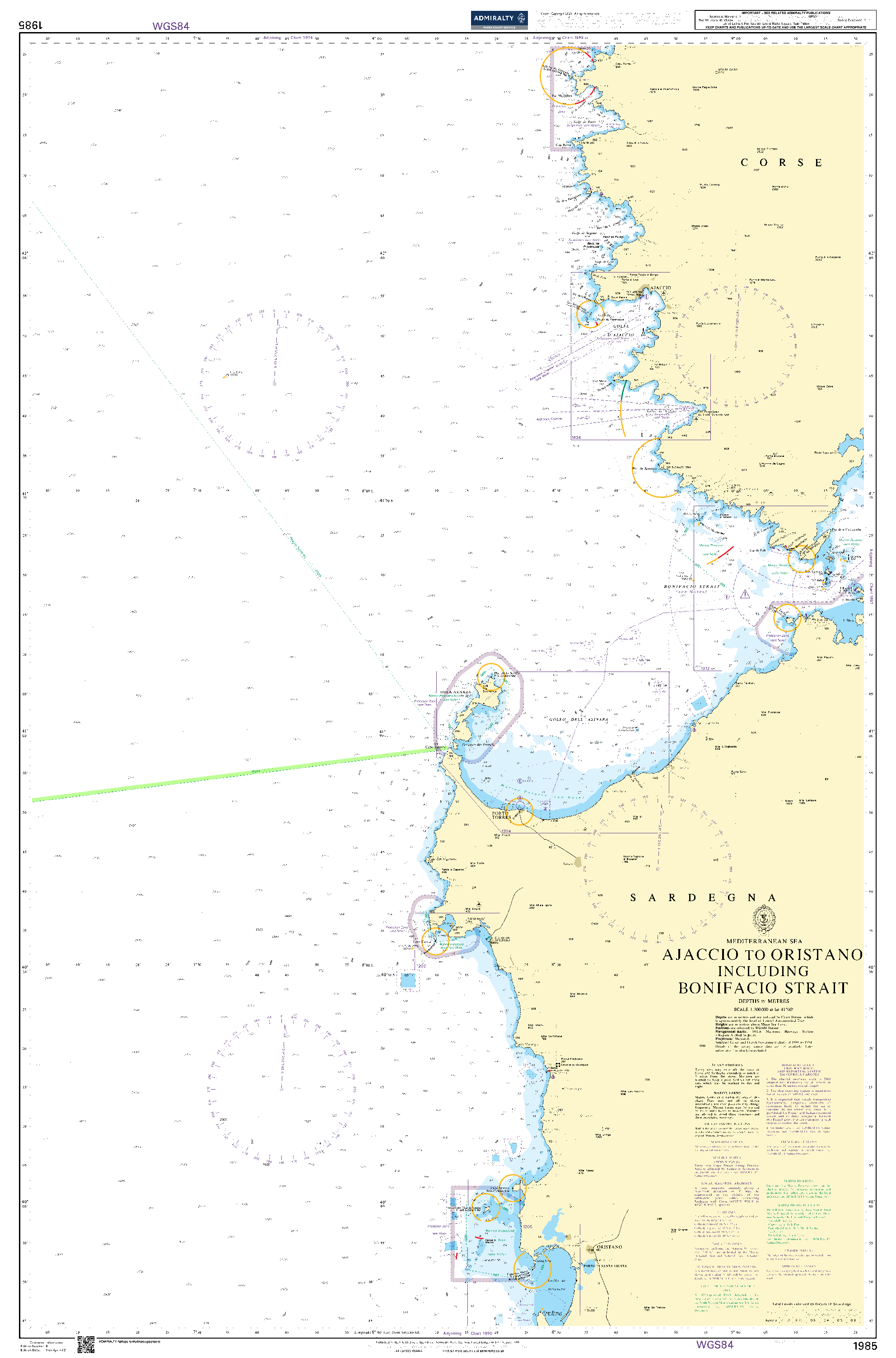 British Admiralty Nautical Chart 1985: Mediterranean Sea, Ajaccio to Oristano including Bonifacio Strait