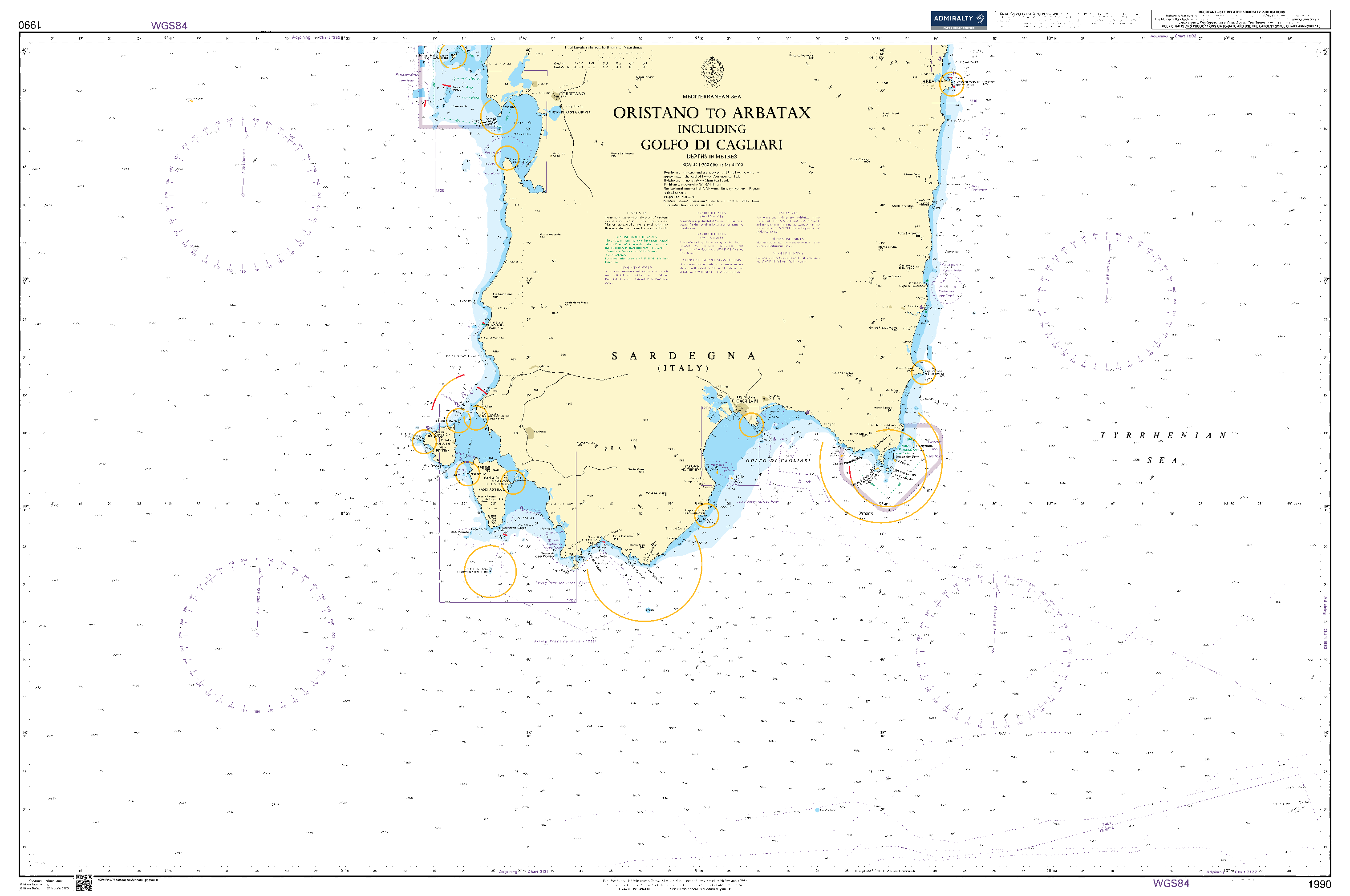 British Admiralty Nautical Chart 1990: Mediterranean Sea, Oristano to Arbatax including Golfo di Cagliari