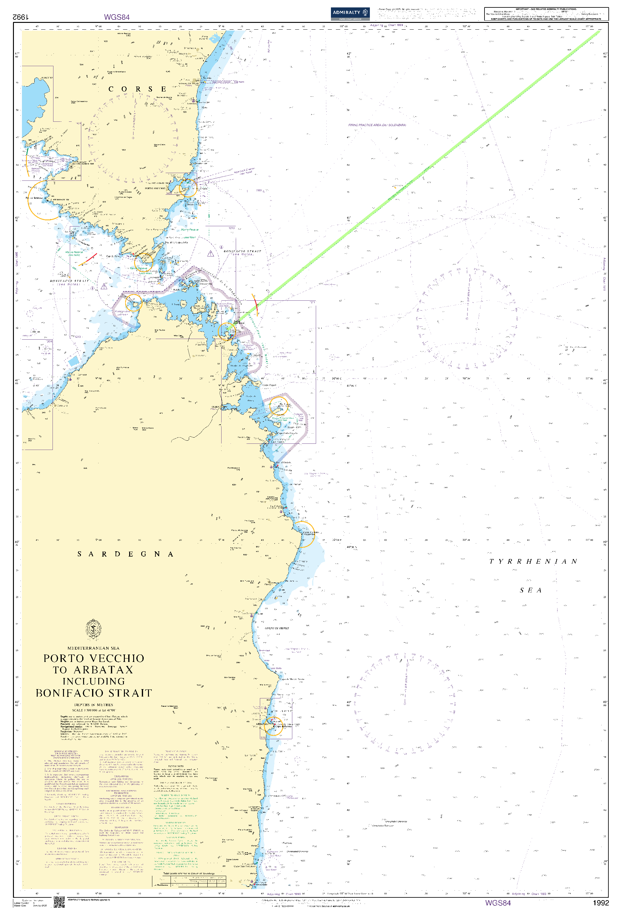 British Admiralty Nautical Chart 1992: Mediterranean Sea, Porto Vecchio to Arbatax including Bonifacio Strait