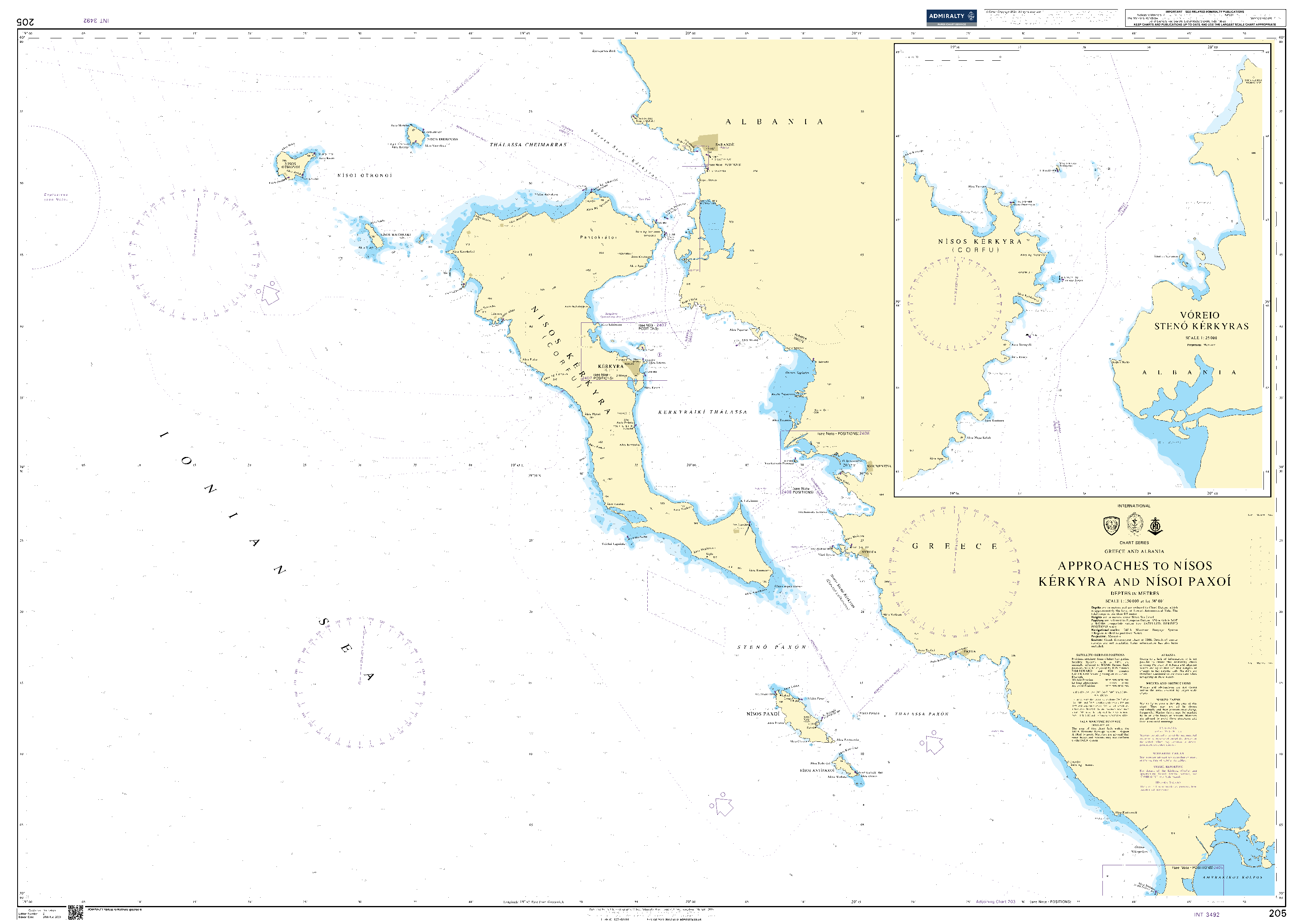 British Admiralty Nautical Chart 205: Approaches to Nisos Kerkyra and Nisoi Paxoi