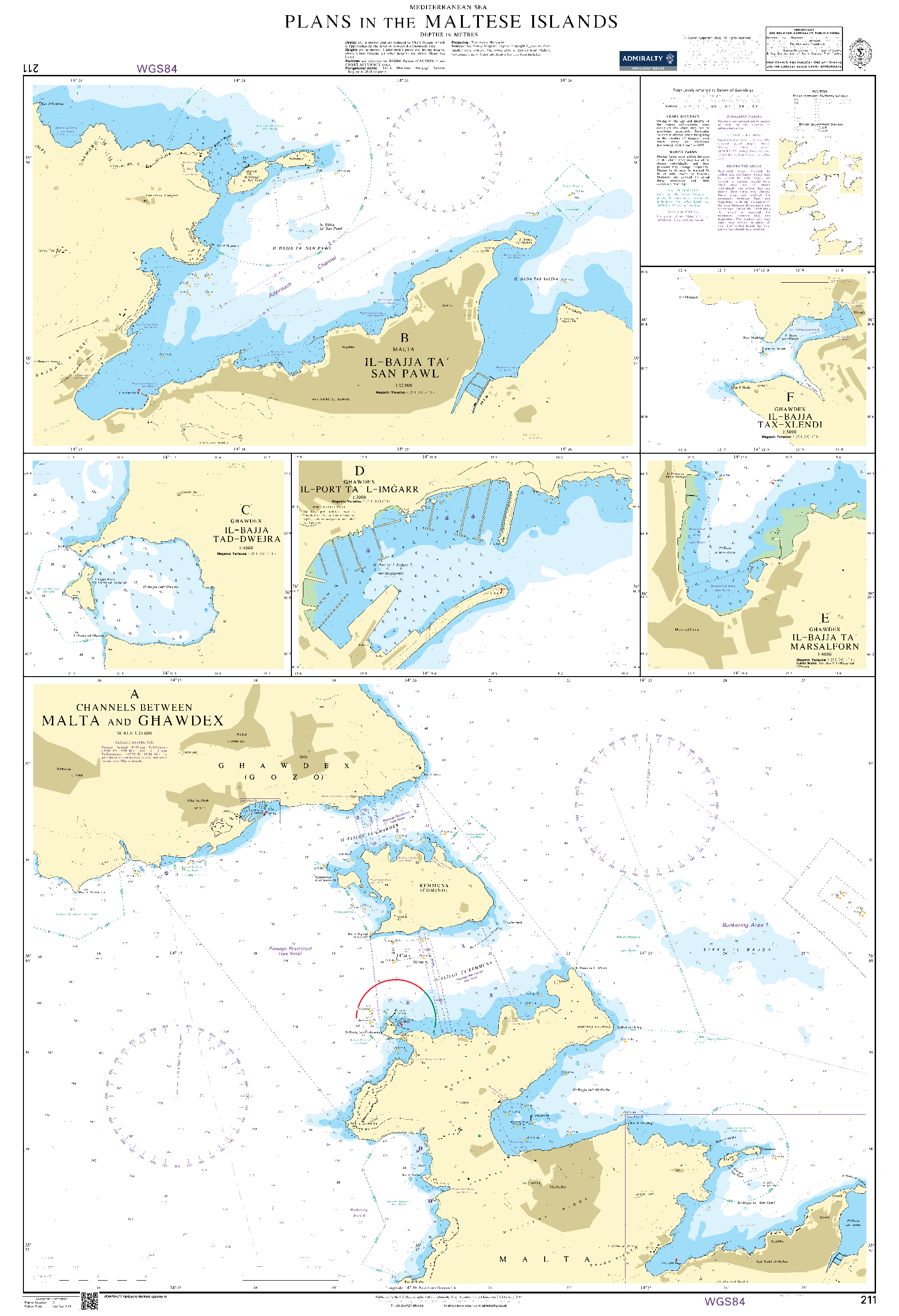 British Admiralty Nautical Chart   211: Mediterranean Sea, Plans in the Maltese Islands
