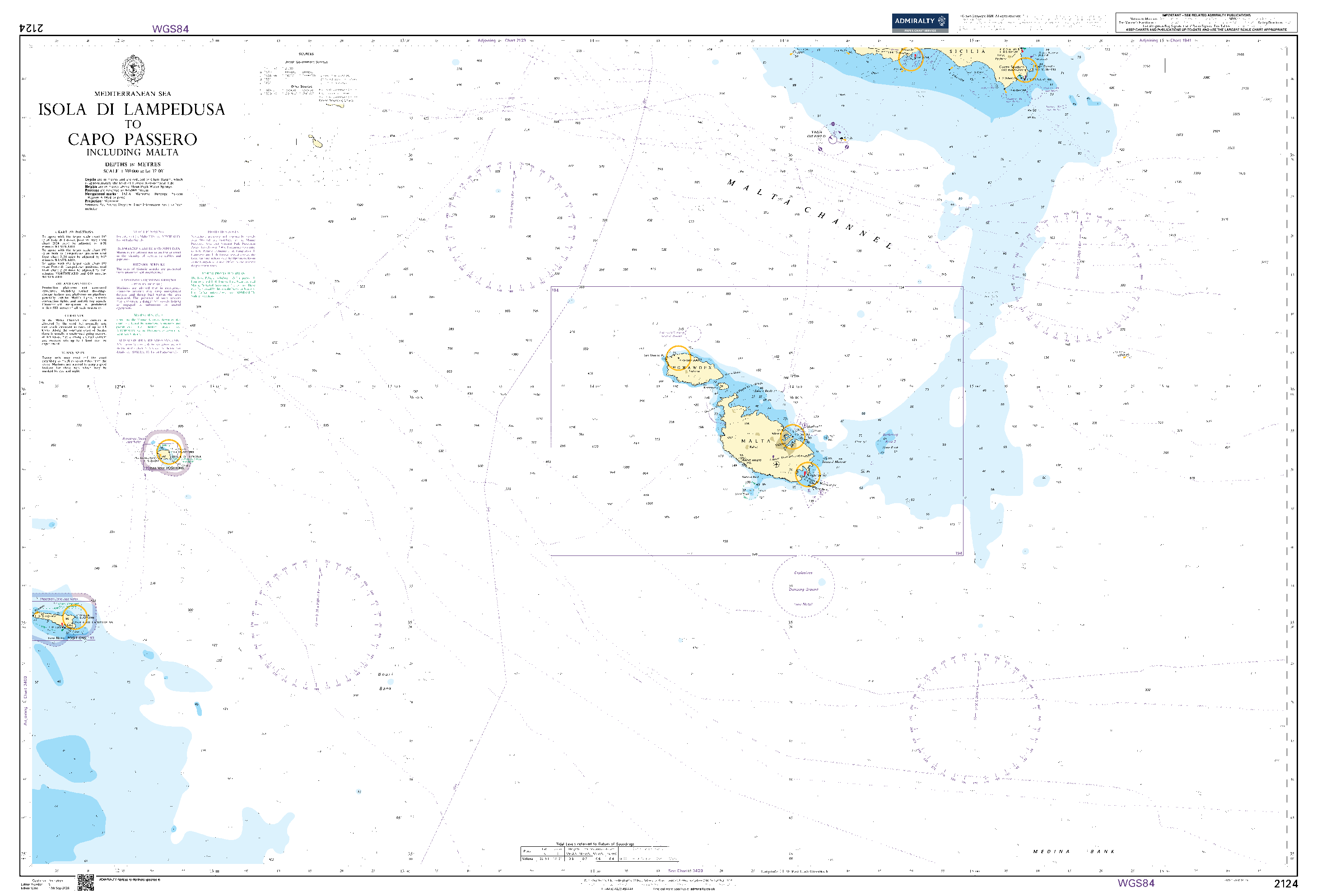 British Admiralty Nautical Chart 2124: Mediterranean Sea, Isola di Lampedusa to Capo Passero including Malta