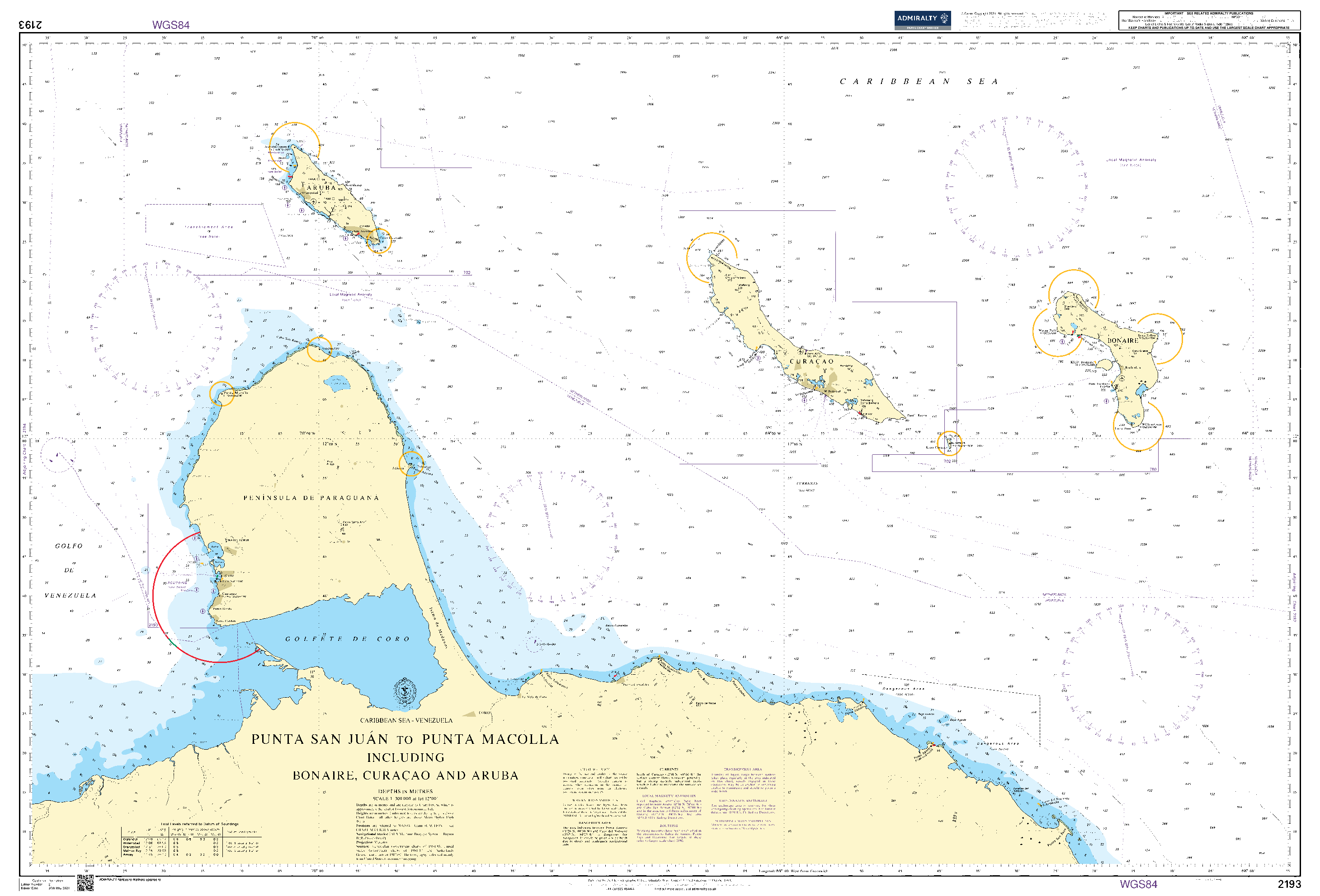 British Admiralty Nautical Chart  2193: Punta San Juan to Punta Macolla including Bonaire- Curacao and Aruba
