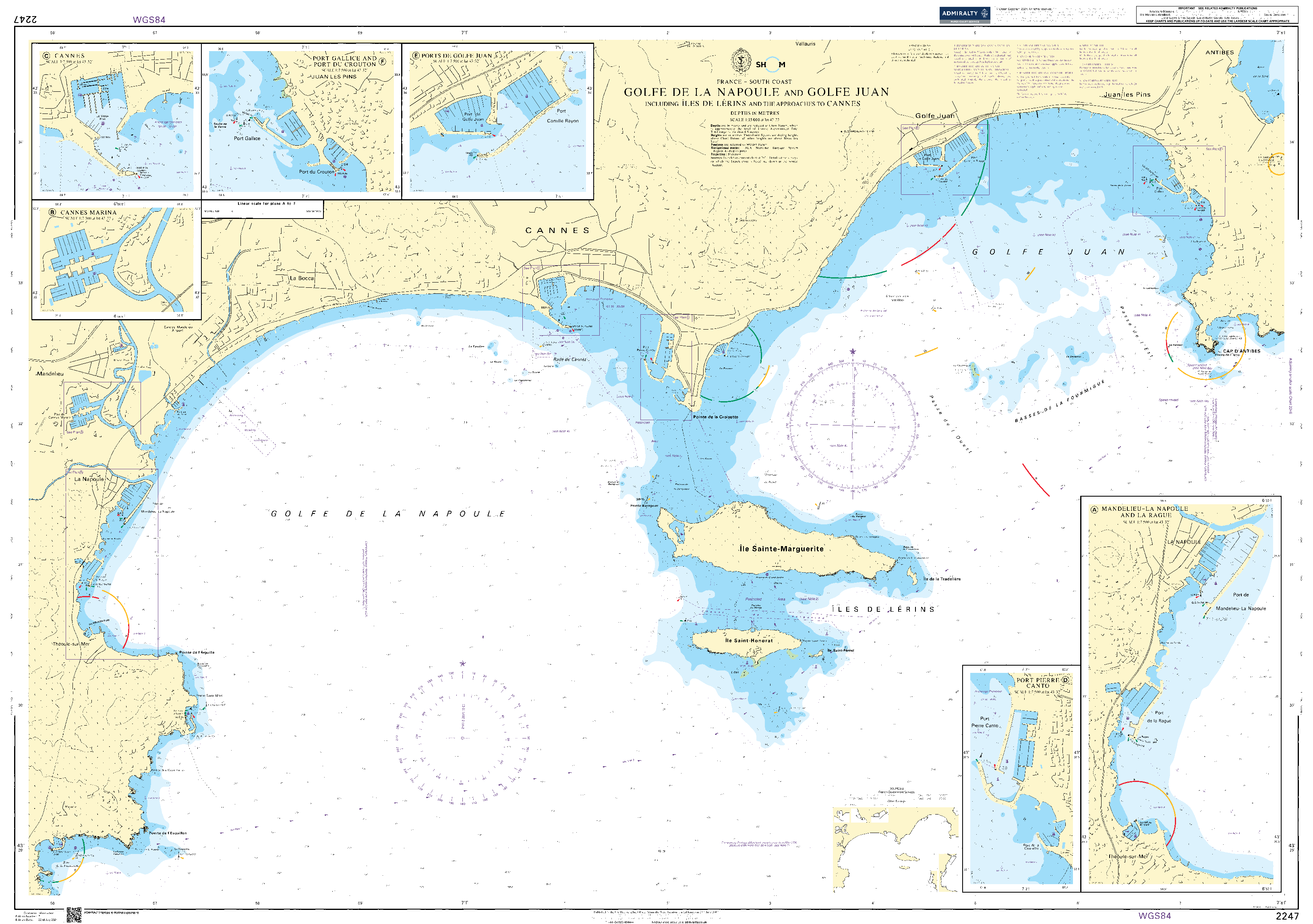 British Admiralty Nautical Chart 2247: Golfe de la Napoule and Golfe Juan including Iles de Lerins and the Approaches to Cannes