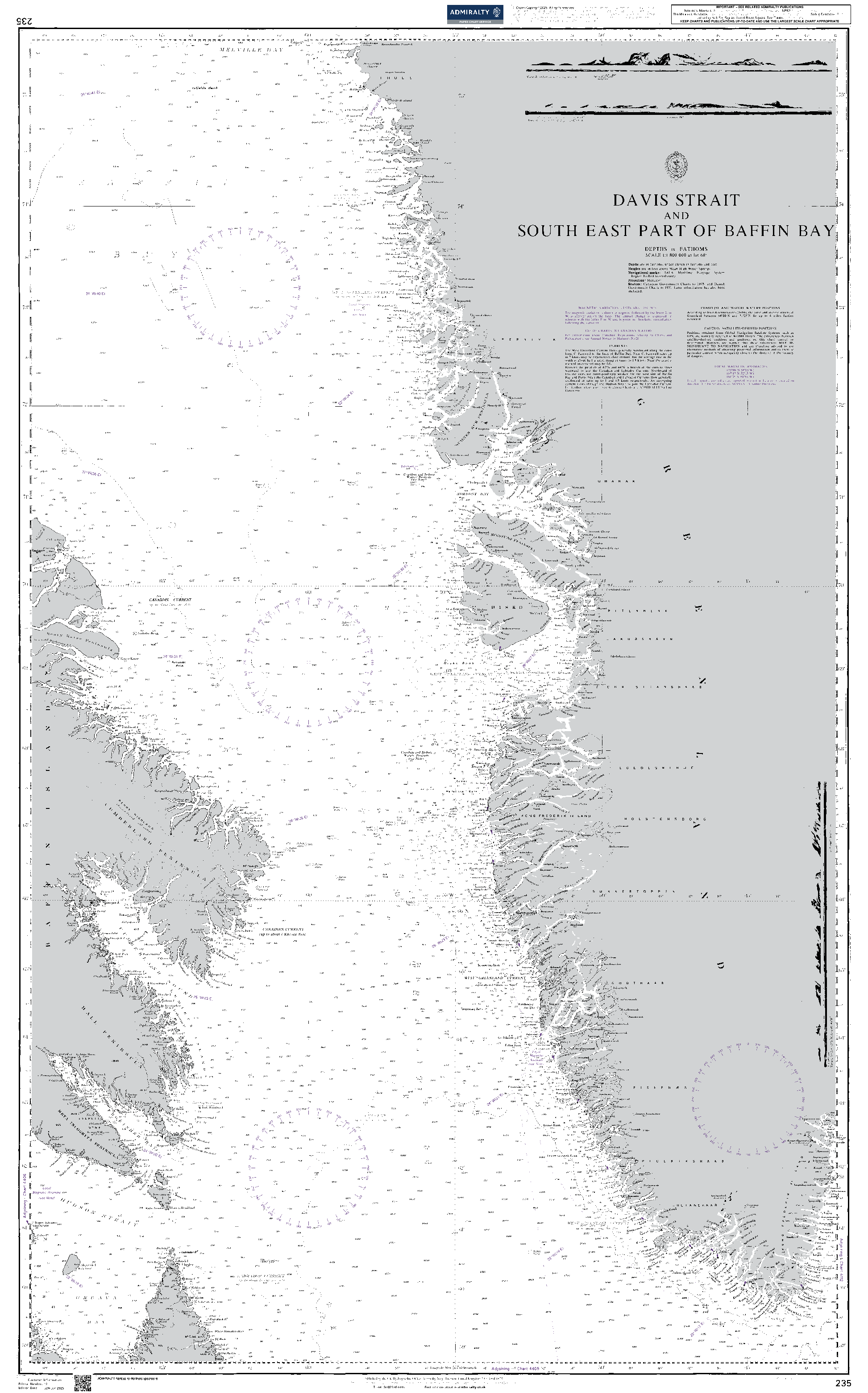 British Admiralty Nautical Chart 235: Davis Strait and South East Part of Baffin Bay