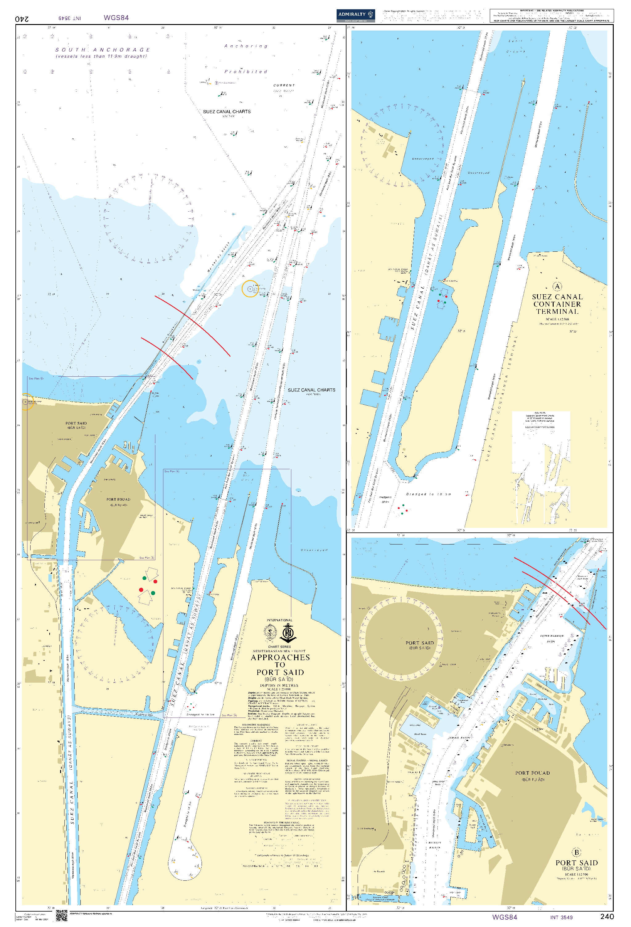 British Admiralty Nautical Chart 240: Approaches to Port Said (Bur Sa`id)