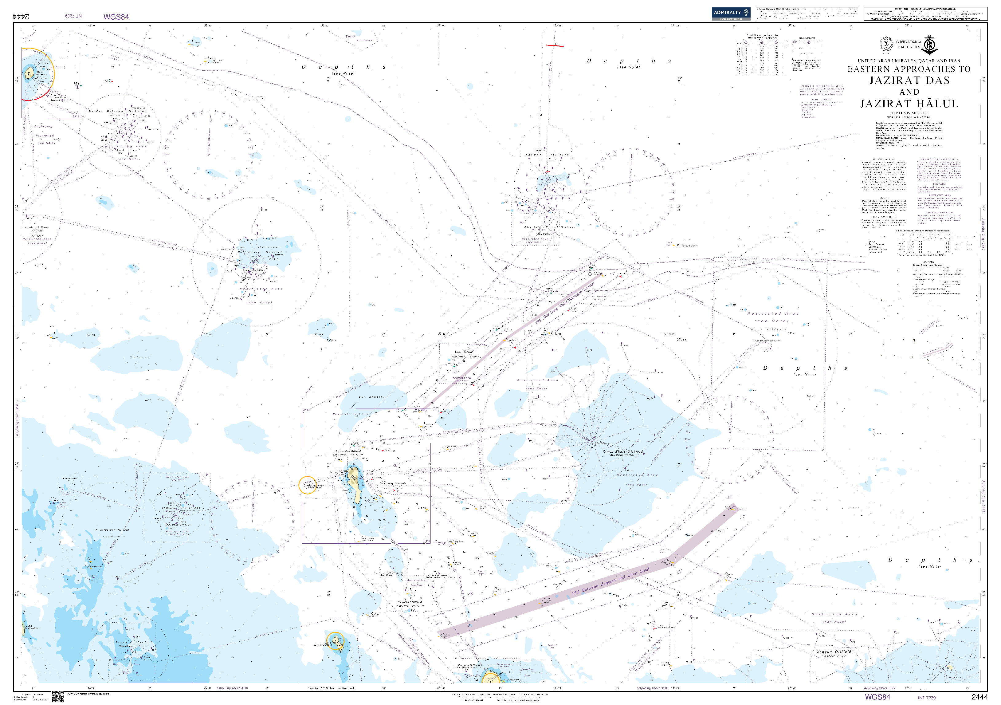 British Admiralty Nautical Chart 2444: United Arab Emirates, Qatar and Iran, Eastern Approaches to Jazirat Das and Jazirat Halul