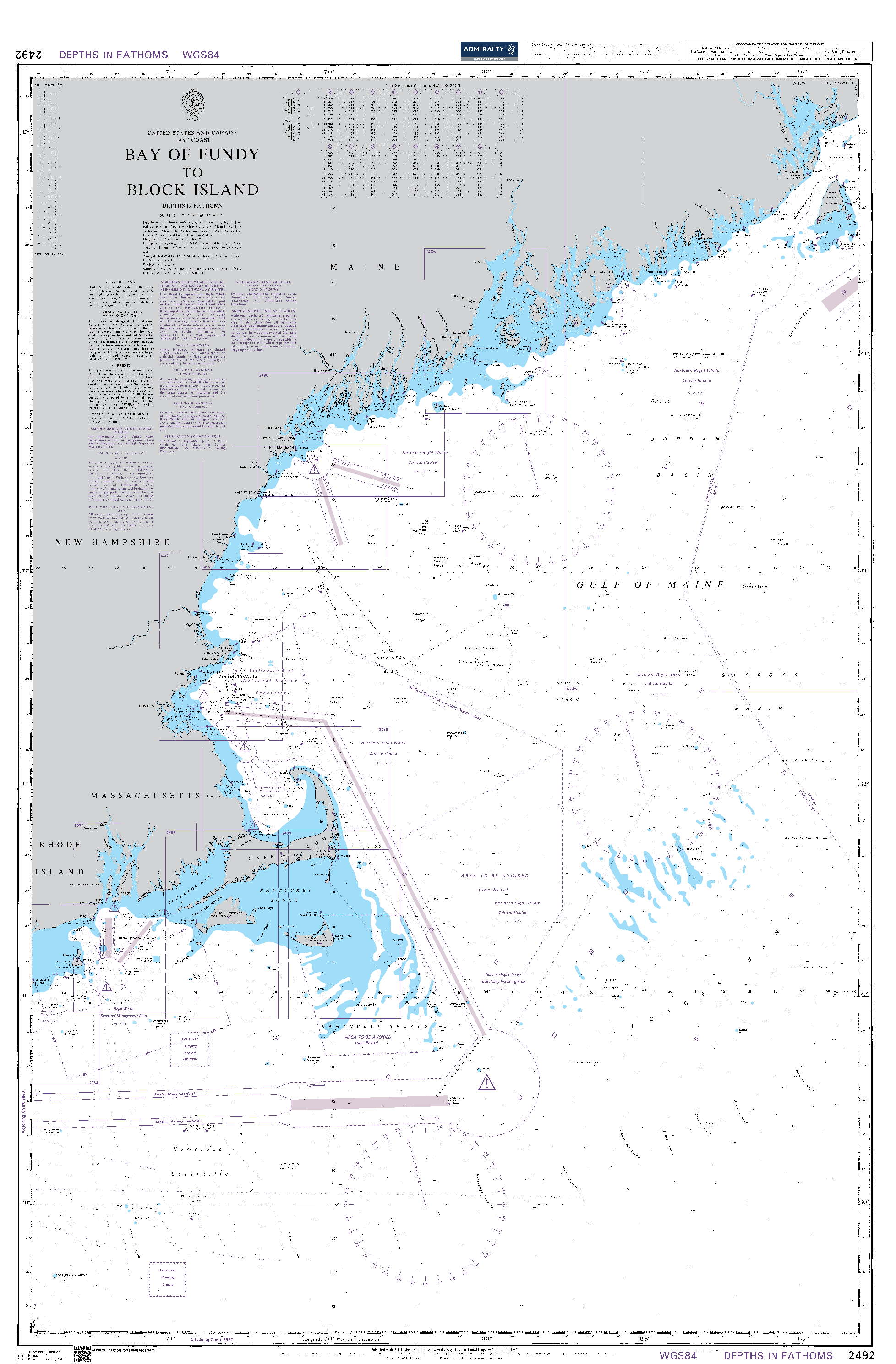 British Admiralty Nautical Chart 2492: Bay of Fundy to Block Island