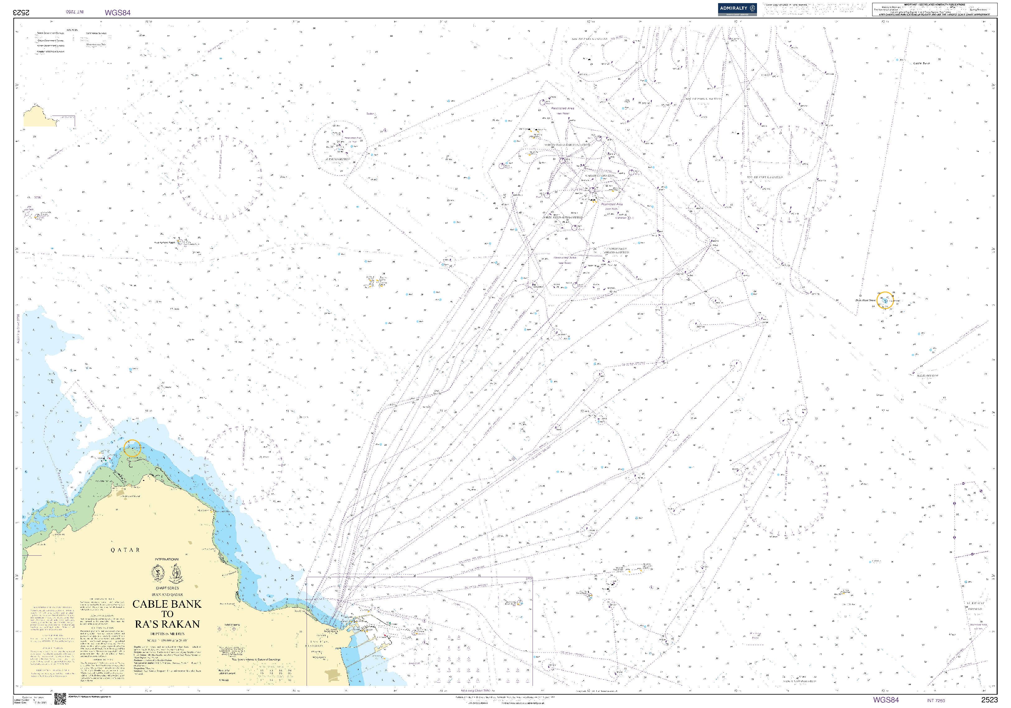 British Admiralty Nautical Chart 2523: Iran and Qatar, Cable Bank to Ra's Rakan