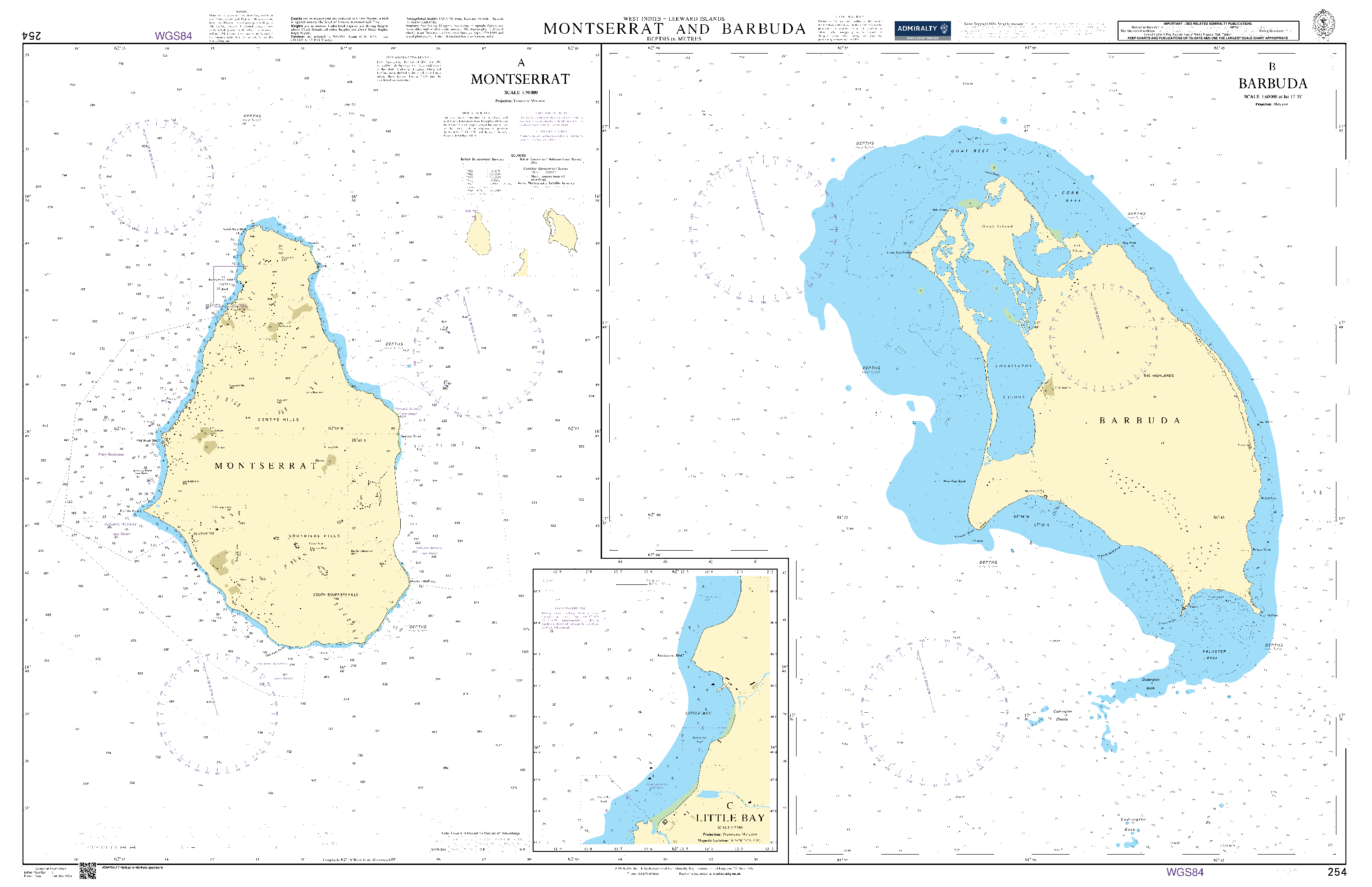 British Admiralty Nautical Chart 254: Montserrat and Barbuda