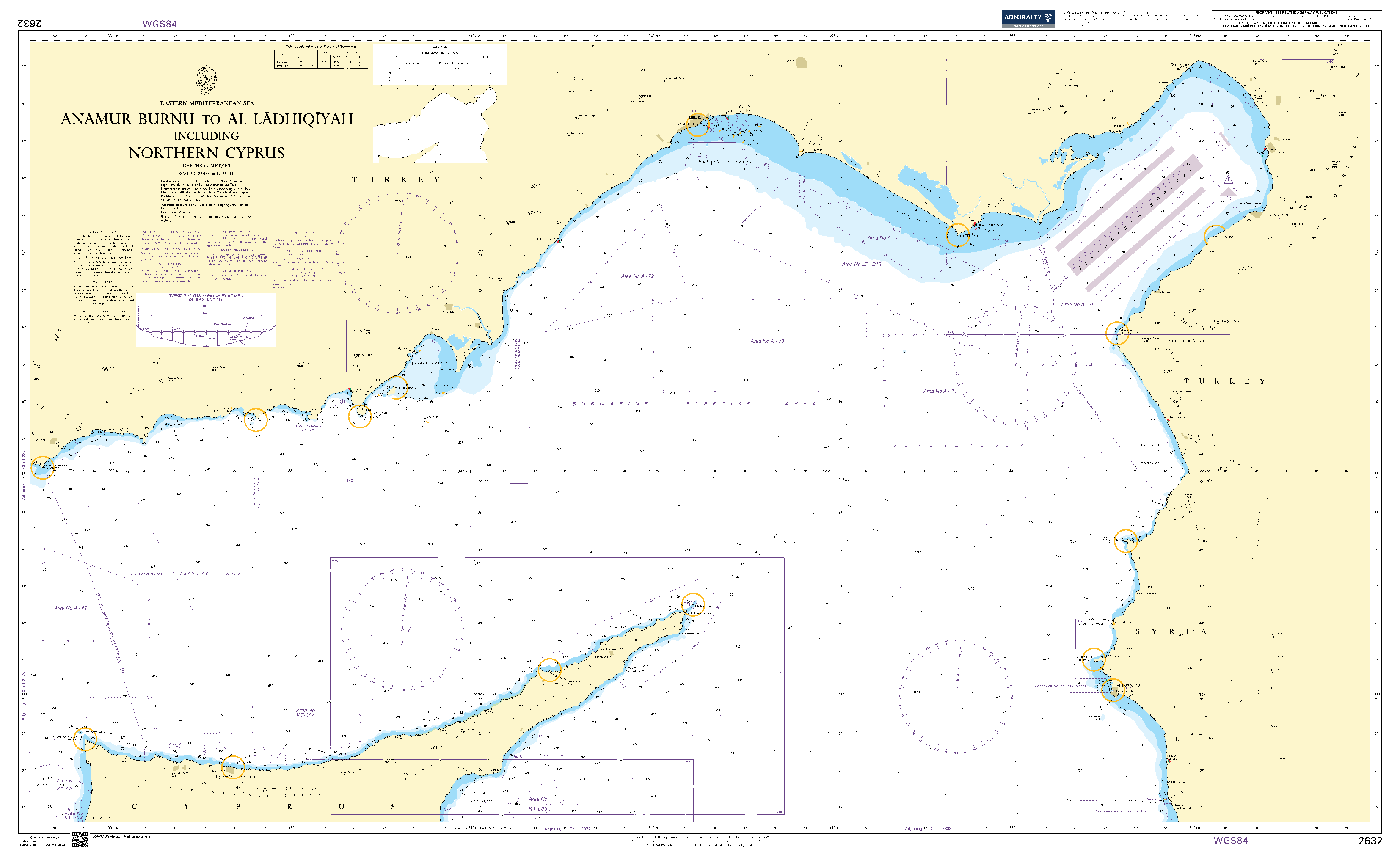 British Admiralty Nautical Chart 2632: Eastern Mediterranean Sea, Anamur Burnu to Al Lādhiqīyah including Northern Cyprus