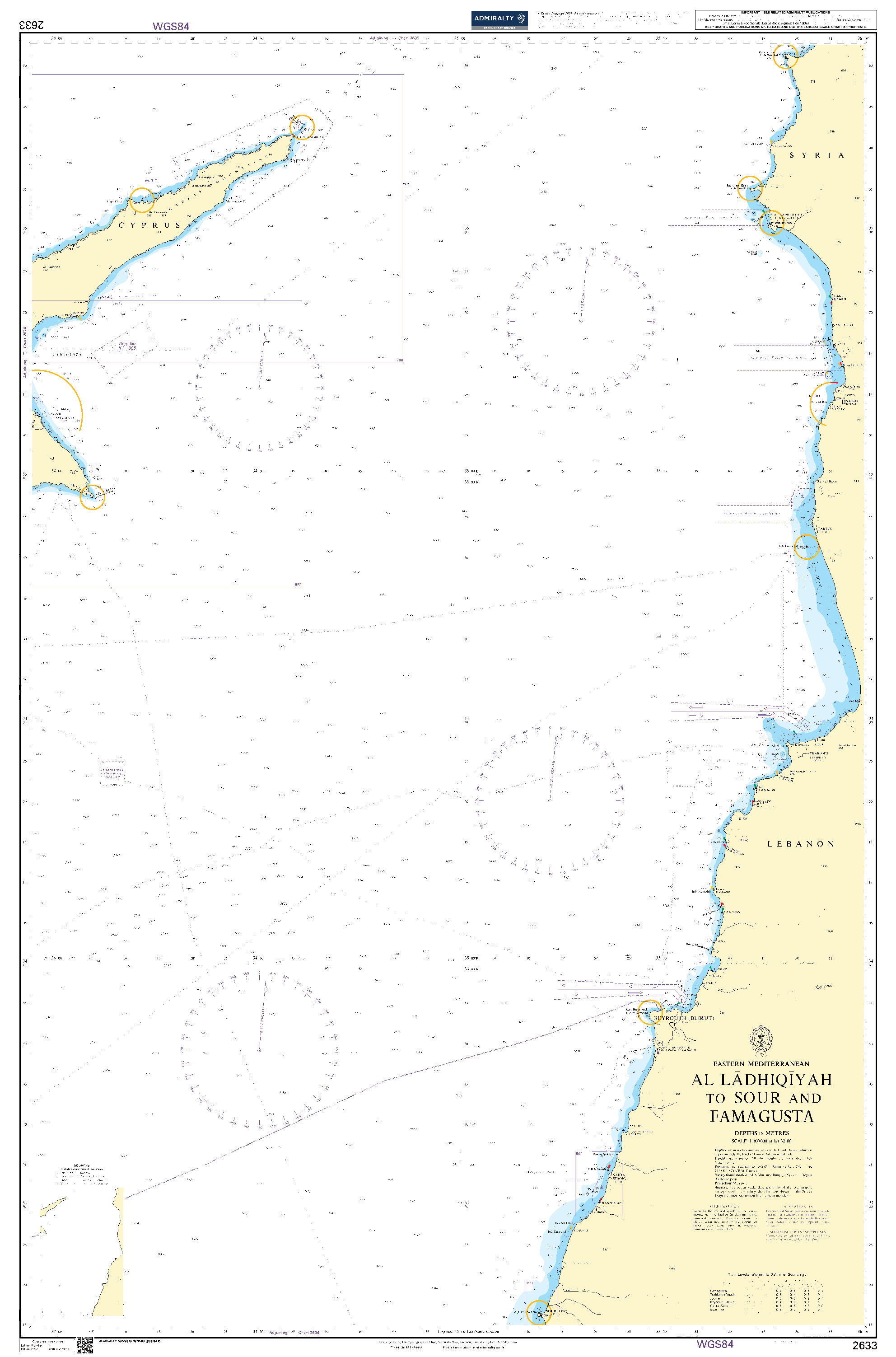 British Admiralty Nautical Chart 2633: Al Ladhiqiyah to Sour and Famagusta