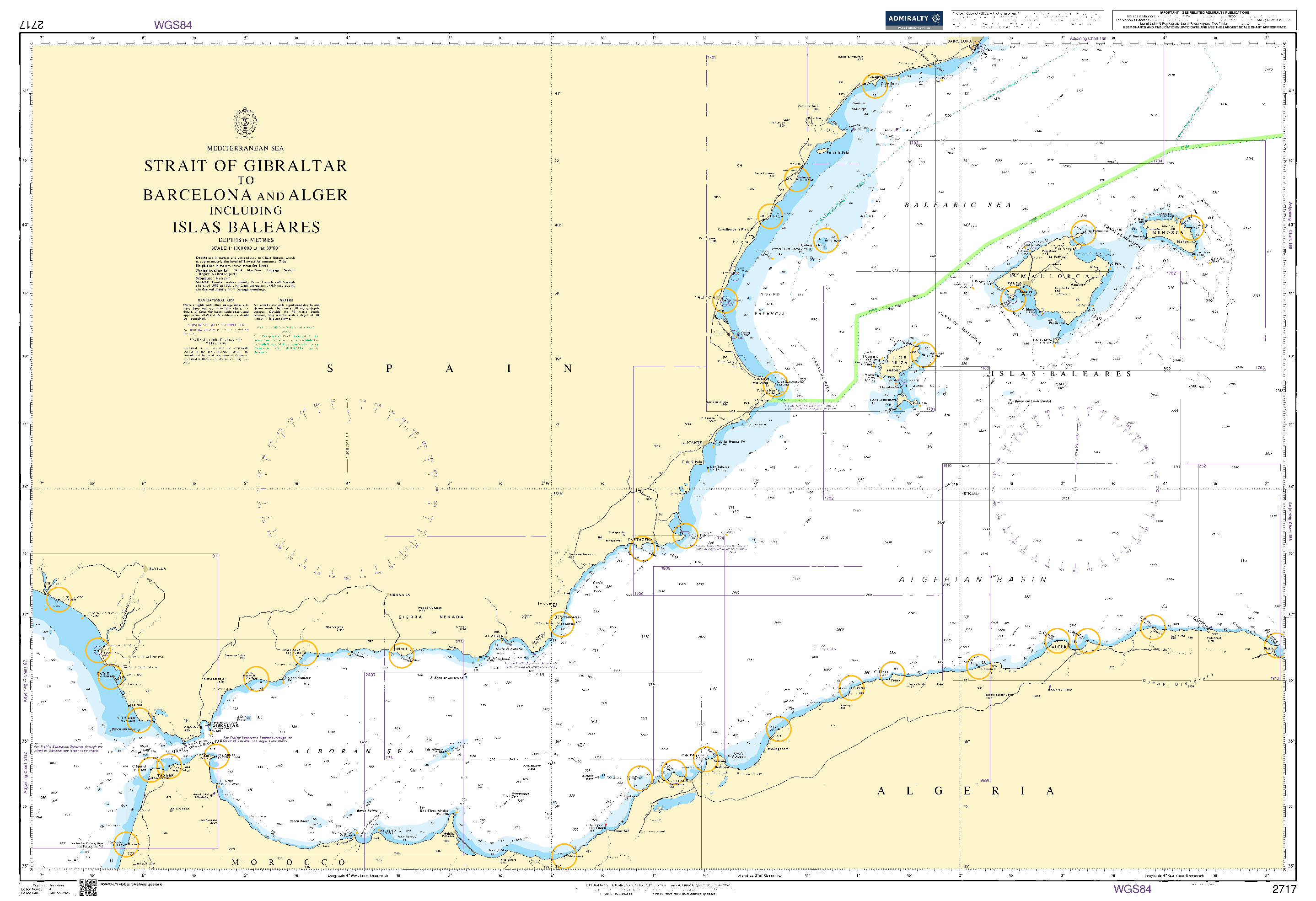 British Admiralty Nautical Chart  2717: Strait of Gibraltar to Barcelona and Alger including Islas Baleares
