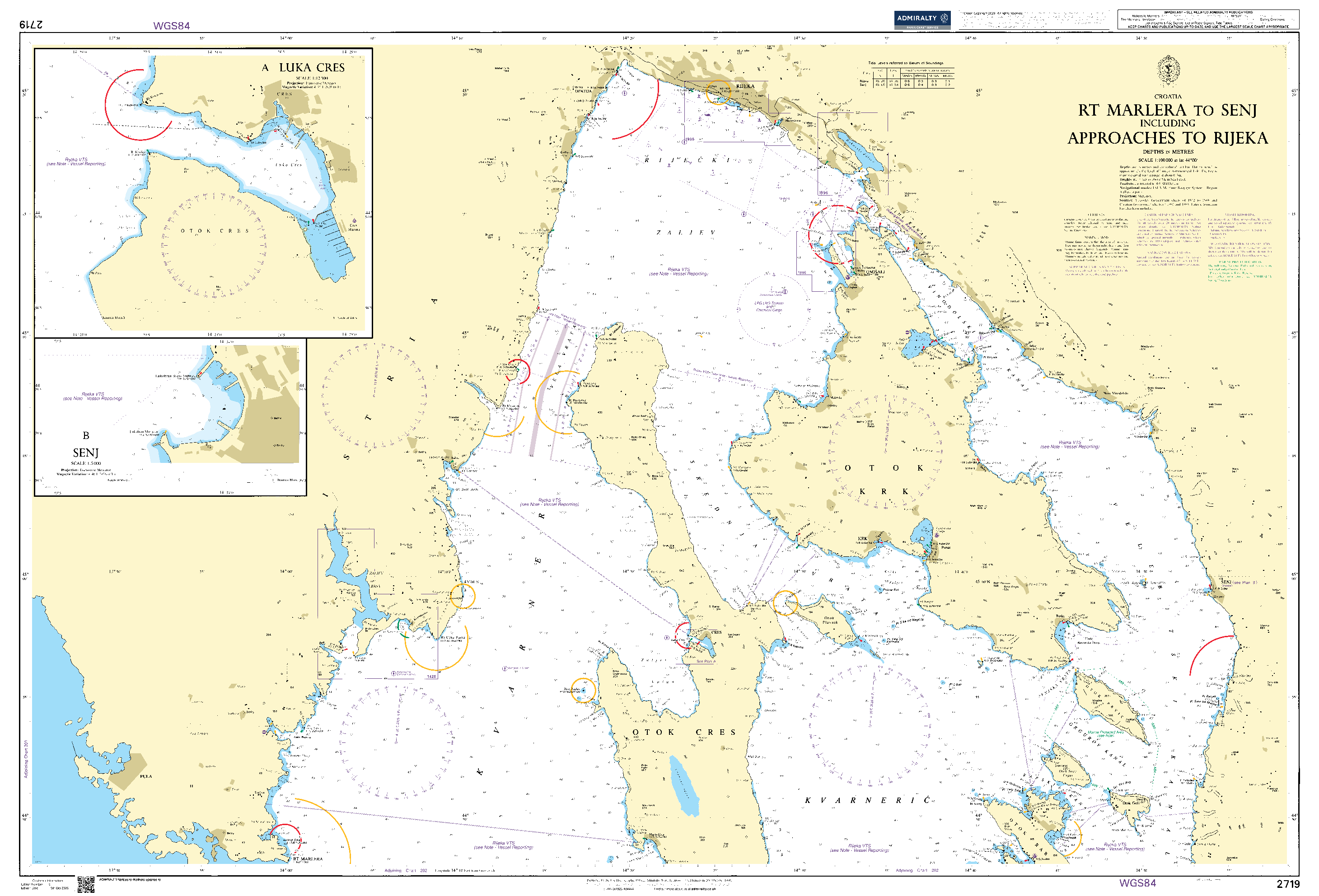 British Admiralty Nautical Chart 2719: Croatia, Rt Marlera to Senj including Approaches to Rijeka