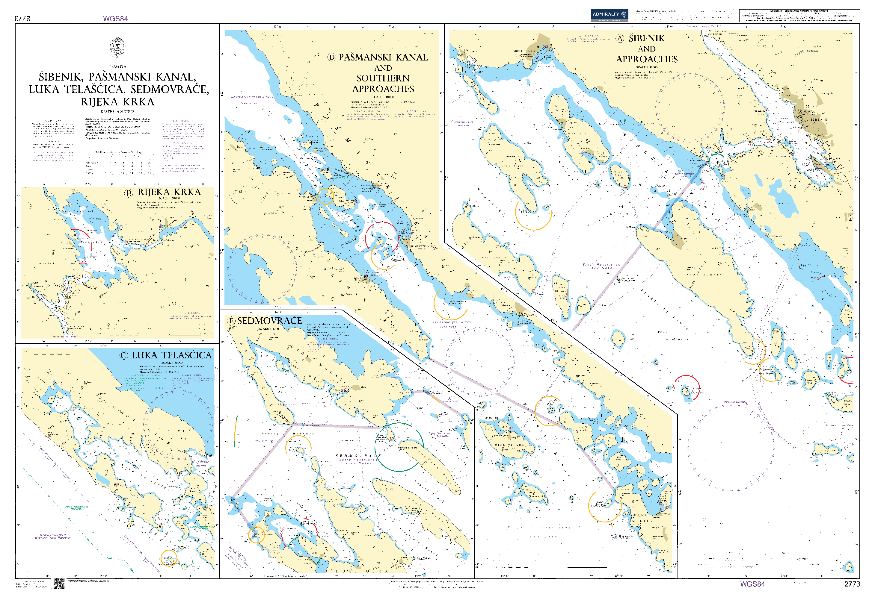 British Admiralty Nautical Chart 2773: Croatia, Šibenik, Pašmanski Kanal, Luka Telašćica, Sedmovraće, Rijeka Krka