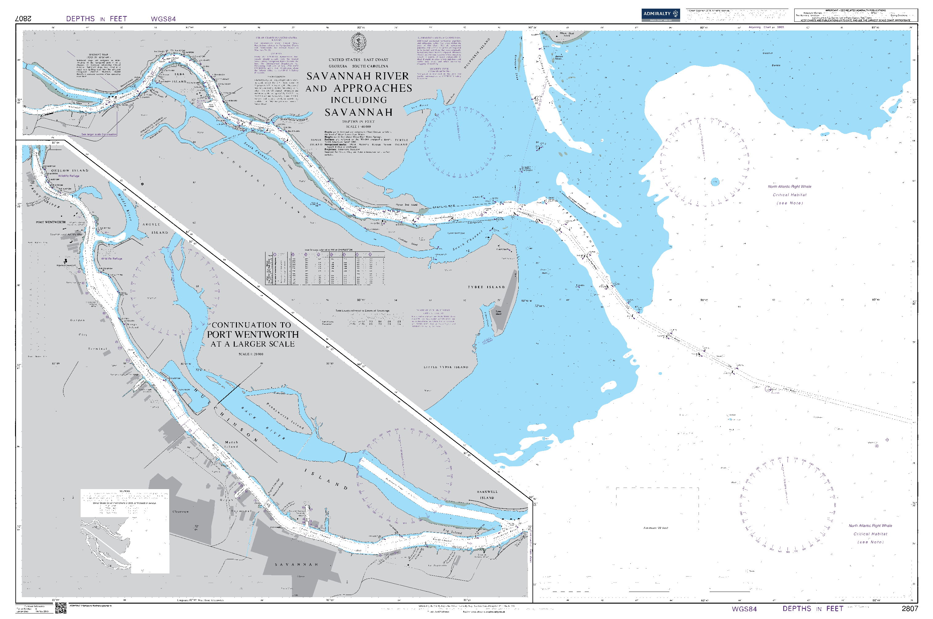 British Admiralty Nautical Chart 2807: Savannah River and Approaches including Savannah