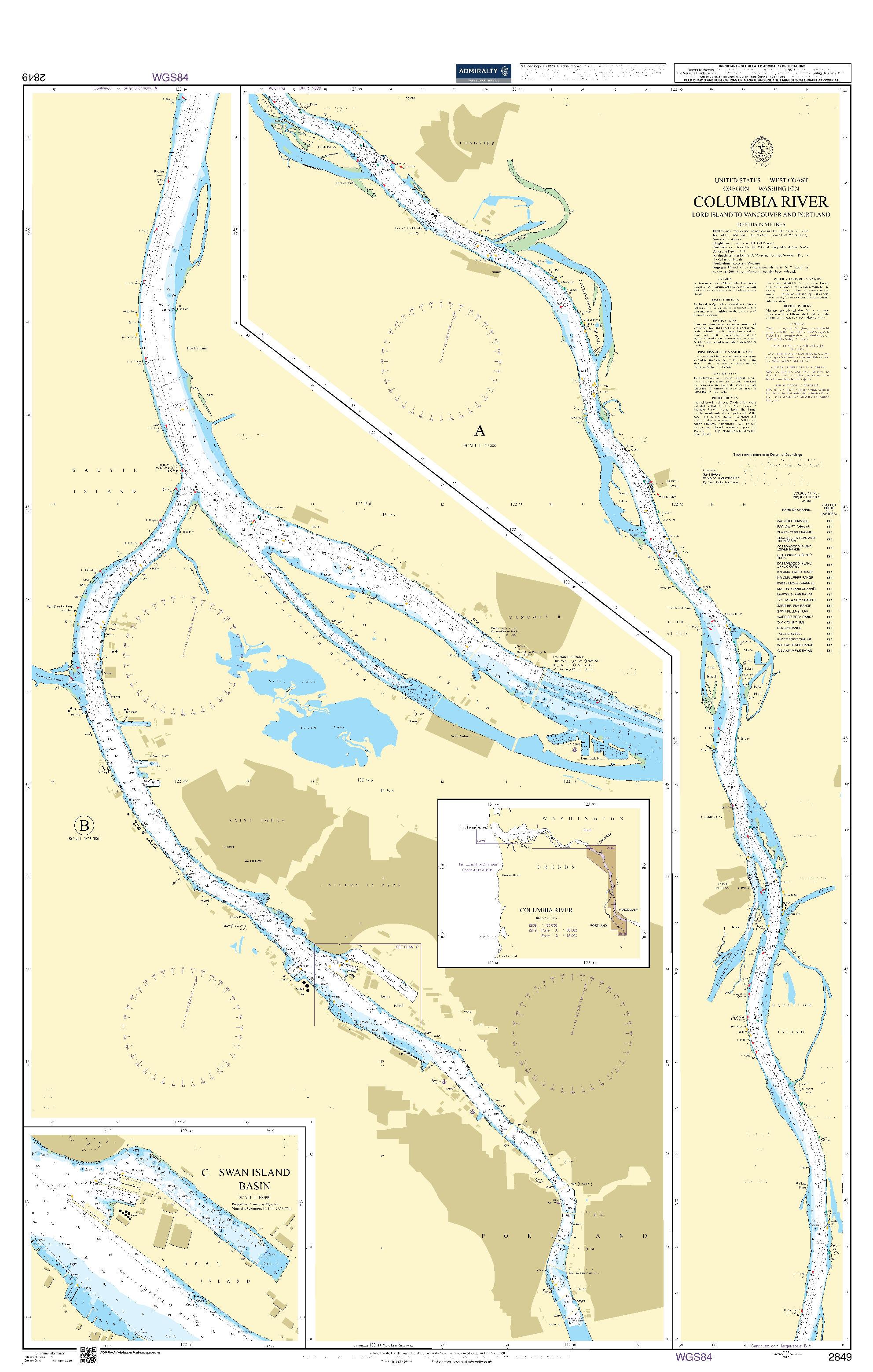British Admiralty Nautical Chart 2849: Columbia River Lord Island to Vancouver and Portland