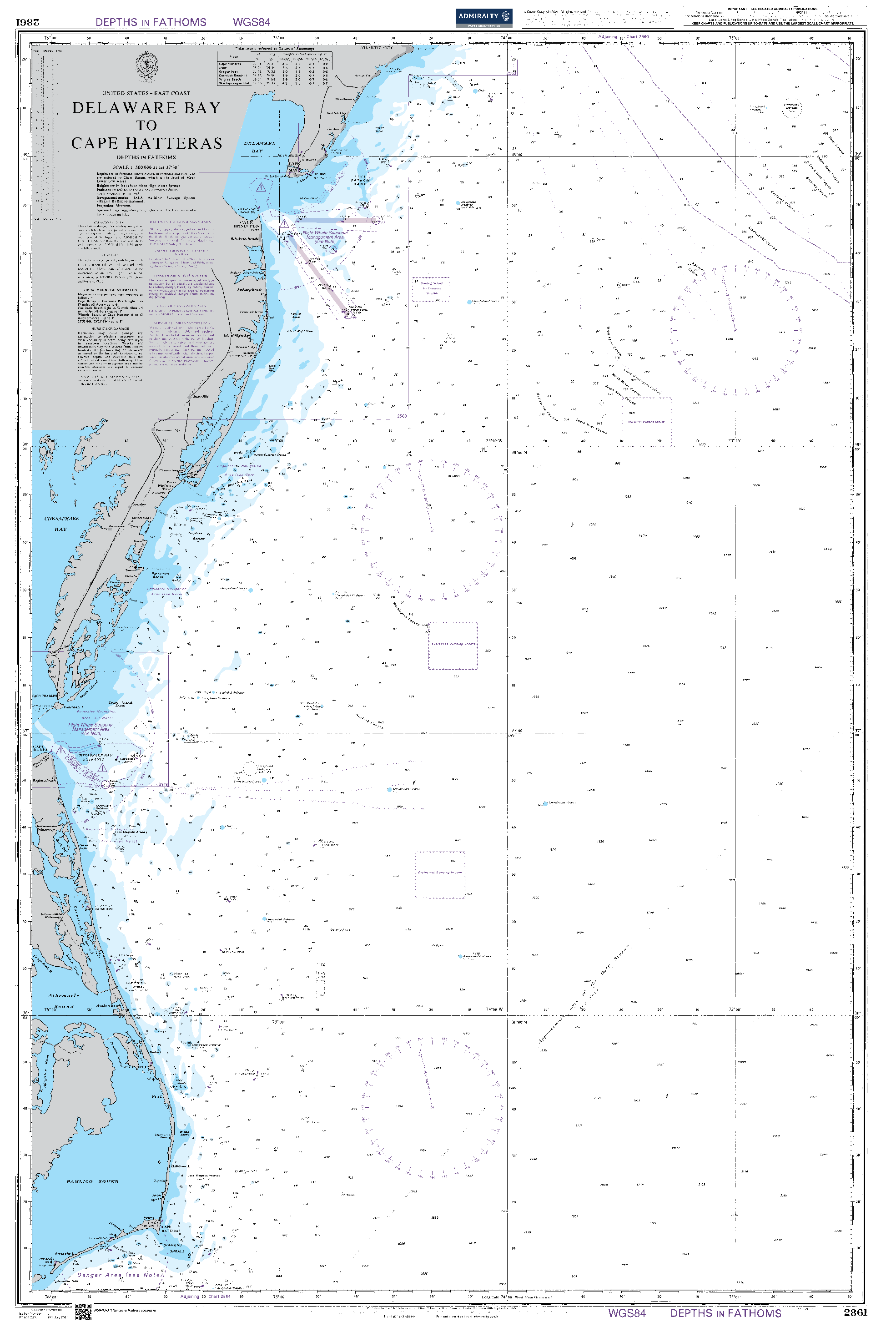 British Admiralty Nautical Chart 2861: Delaware Bay to Cape Hatteras
