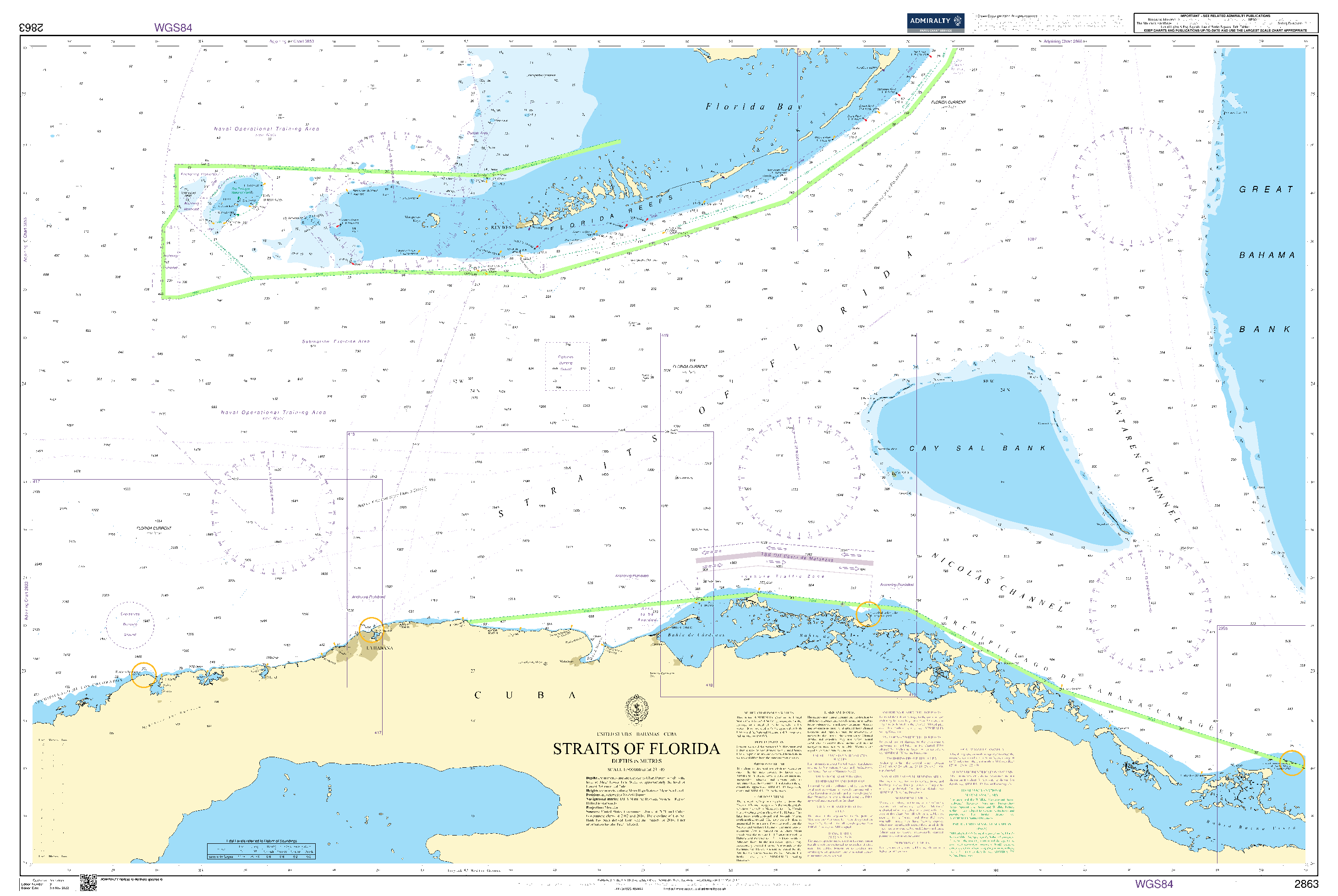 British Admiralty Nautical Chart 2863: United States - Bahamas - Cuba, Straits of Florida
