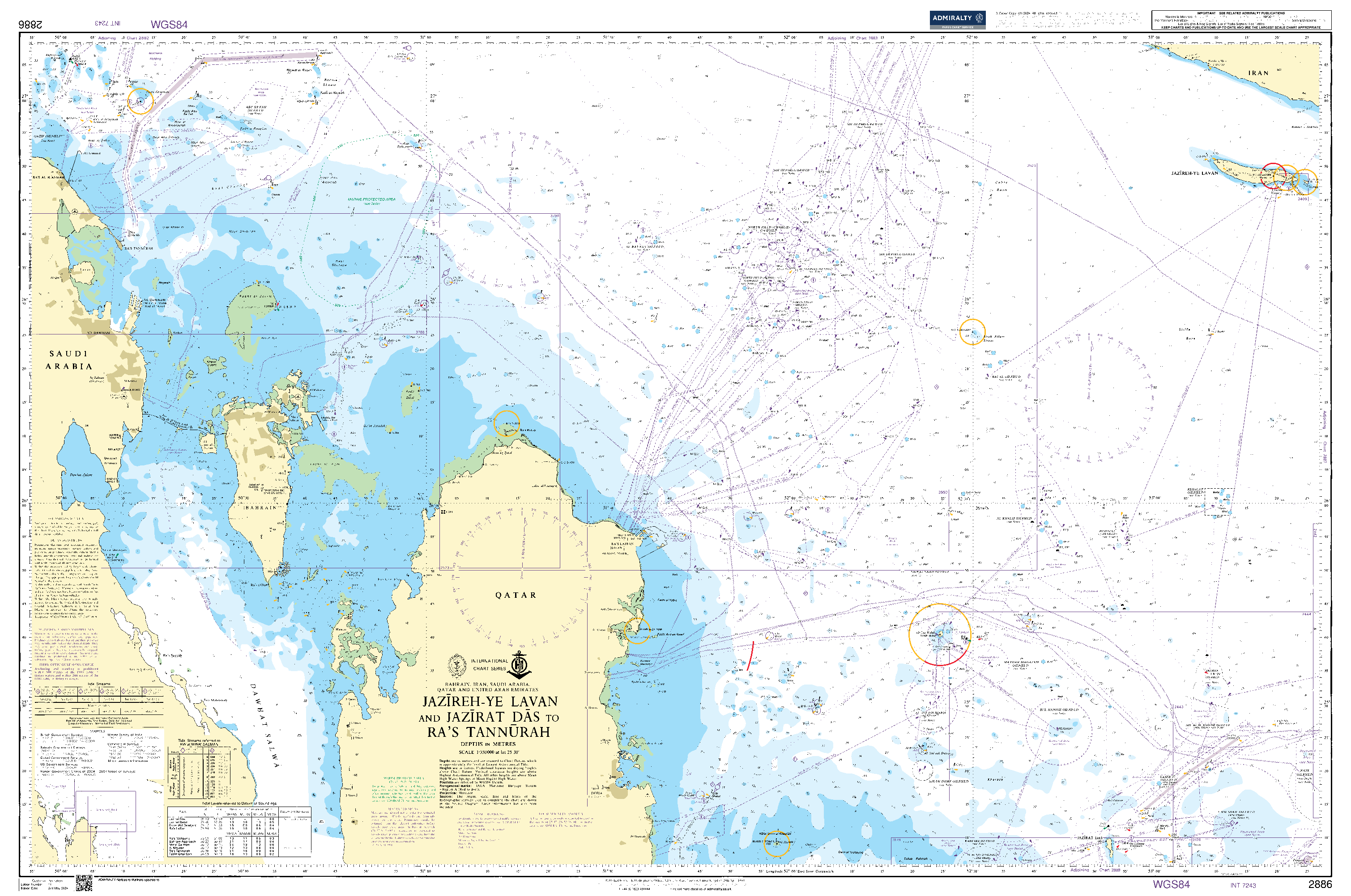 British Admiralty Nautical Chart 2886: Bahrain, Iran, Saudi Arabia, Qatar and United Arab Emirates, Jazīreh-ye Lavan and Jazīrat Dās to Ra's Tannūrah