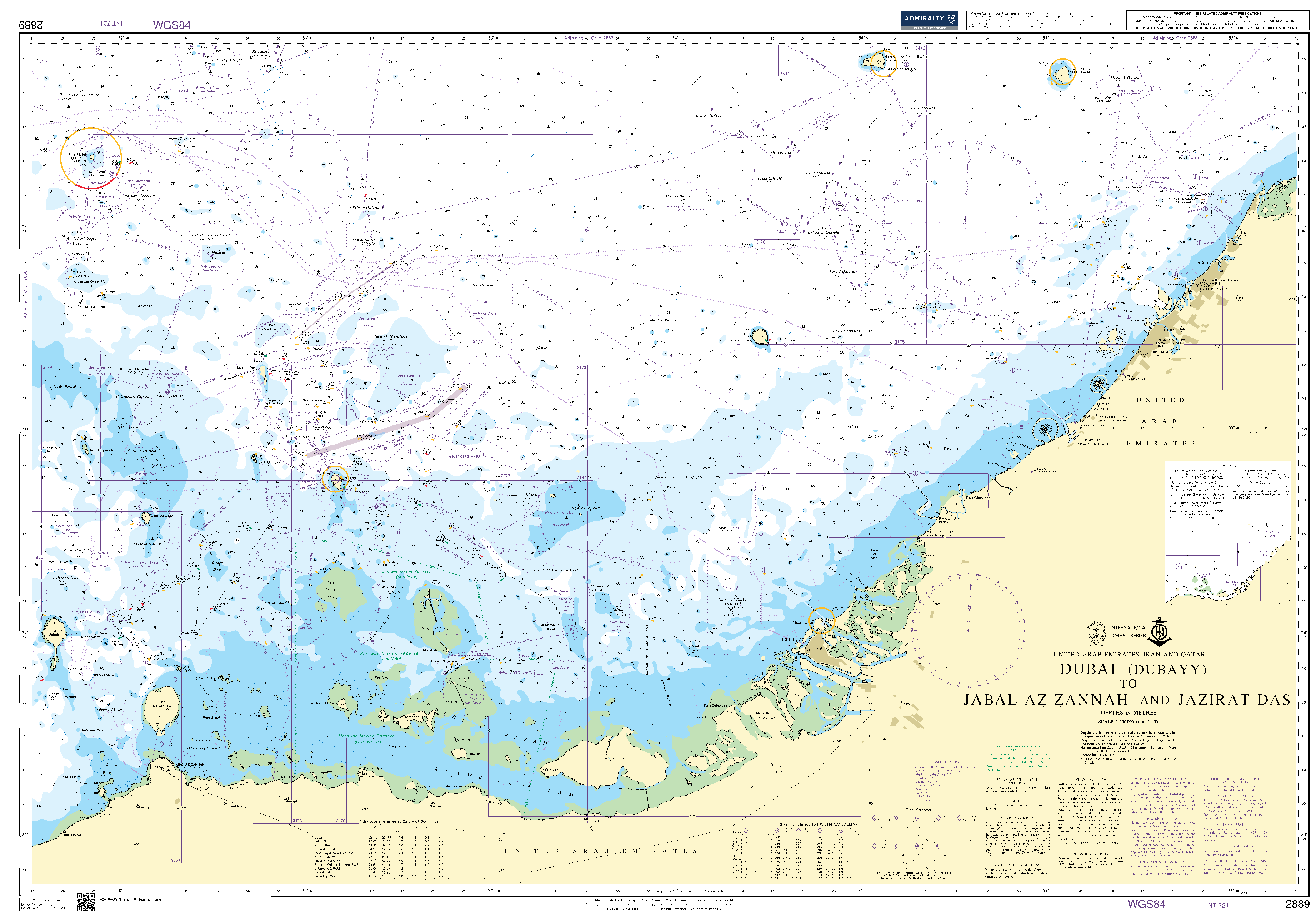 British Admiralty Nautical Chart 2889: United Arab Emirates, Iran and Qatar, Dubai (Dubayy) to Jabal aþ ¹annah and Jazirat Das