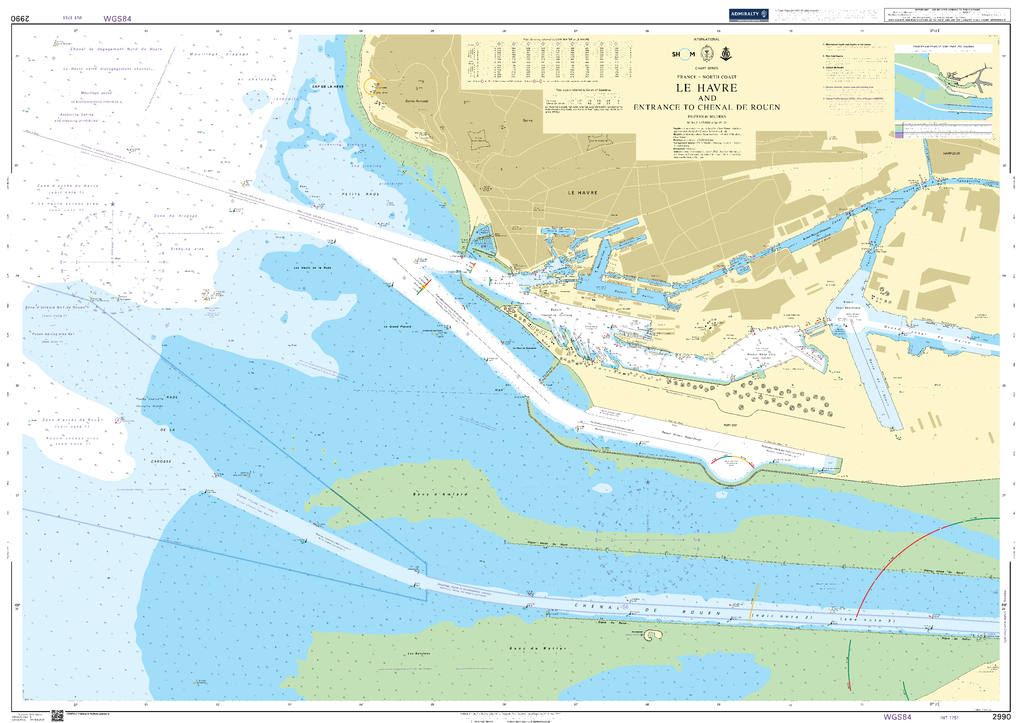British Admiralty Nautical Chart 2990: France - North Coast, Le Havre and Entrance to Chenal de Rouen