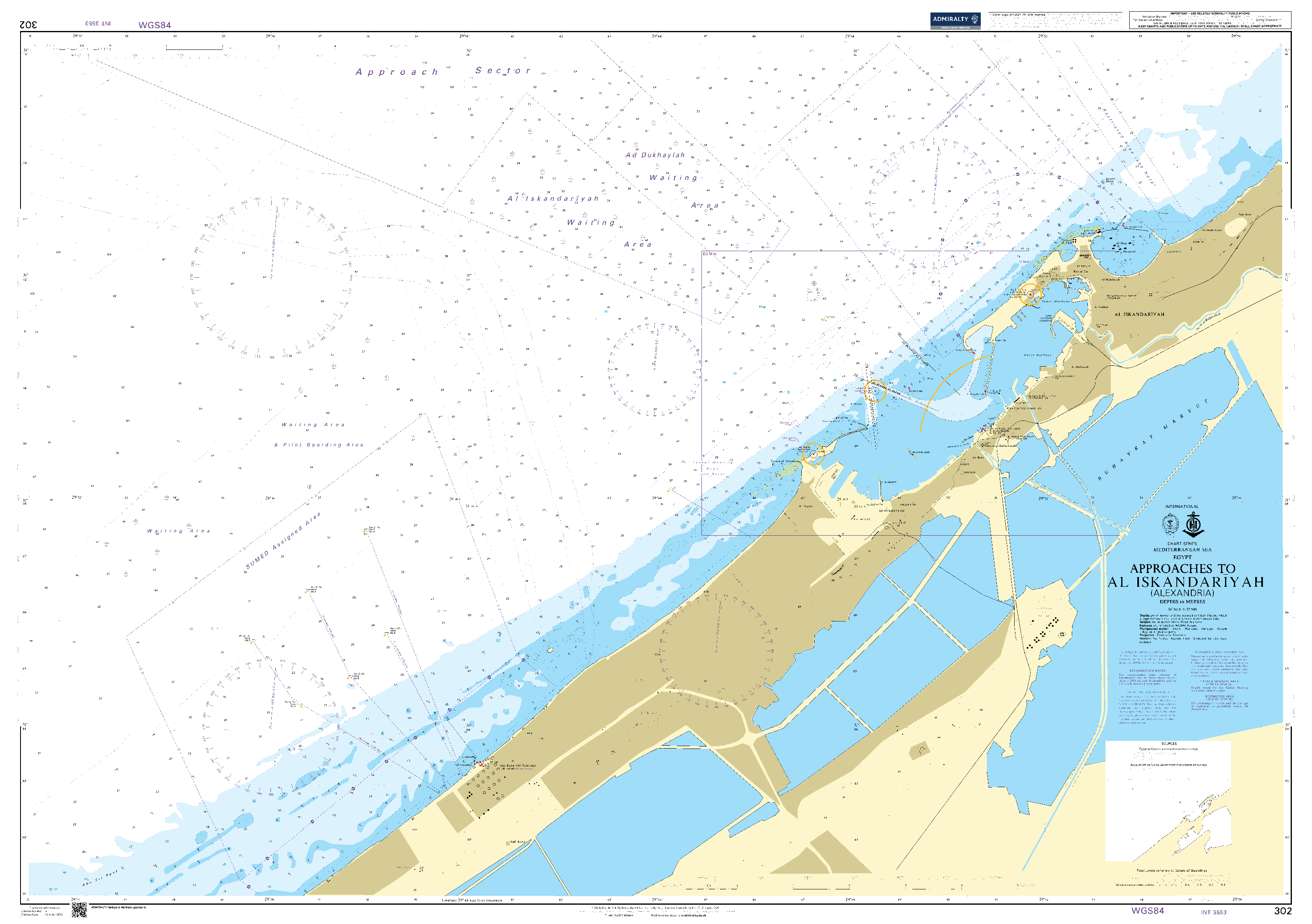 British Admiralty Nautical Chart 302: Approaches to Al Iskandariyah (Alexandria)